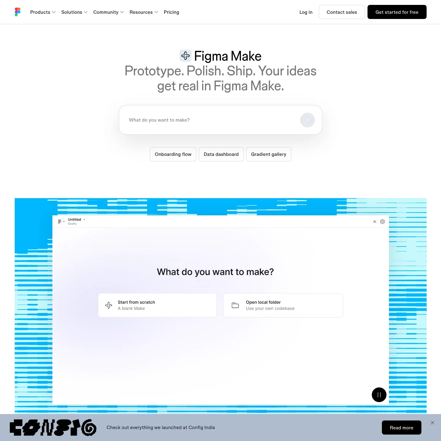 Figma Make public product page showing its design and app-building workflows