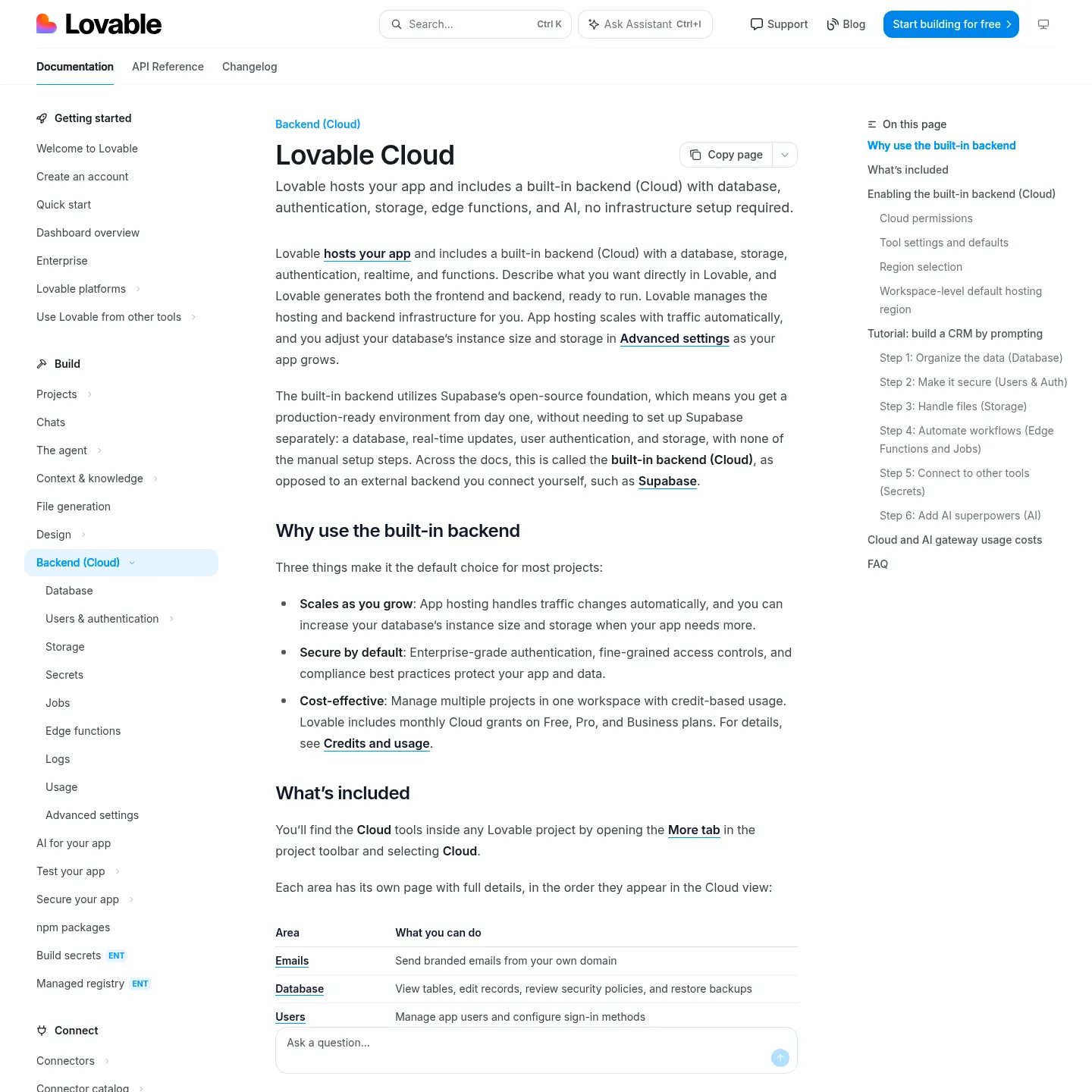 Lovable documentation describing its managed Cloud backend