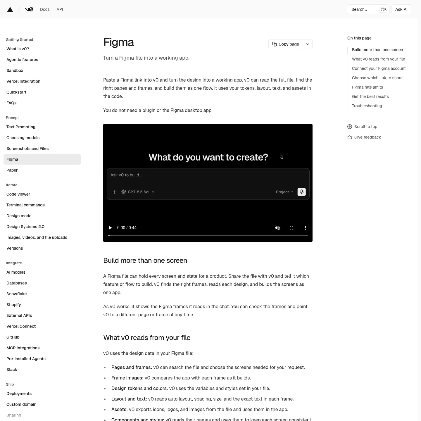 v0 documentation showing Figma design import