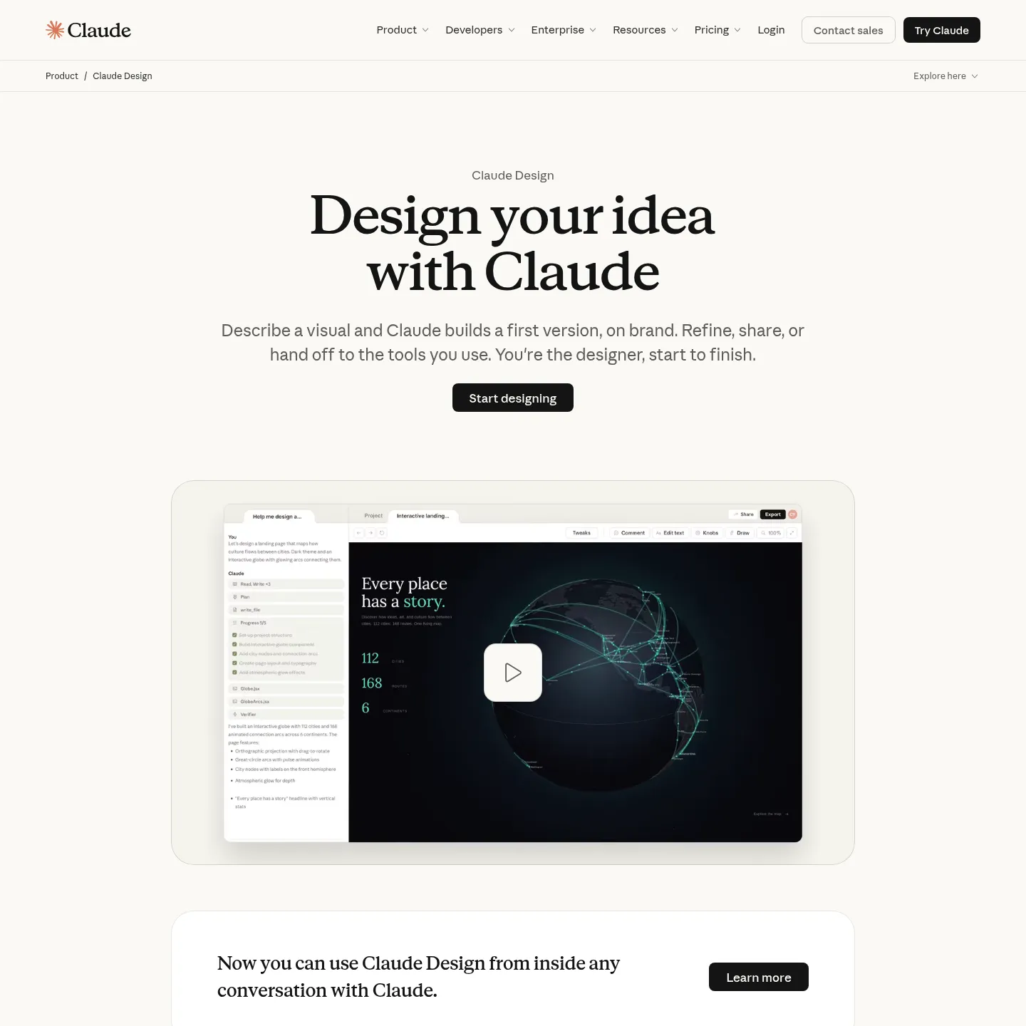 Claude Design public product page showing visual creation and export workflows