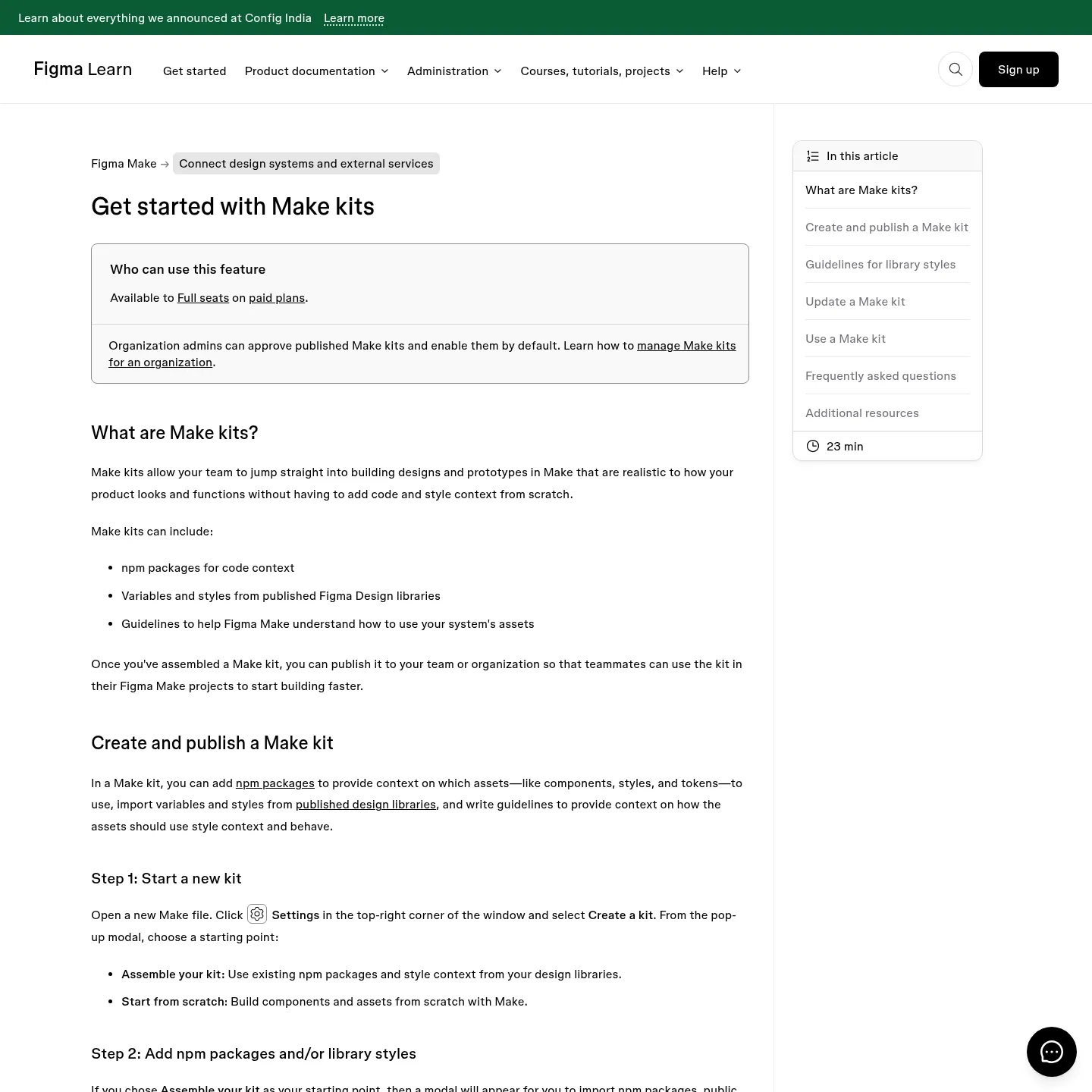 Figma Make kit documentation showing package and library configuration