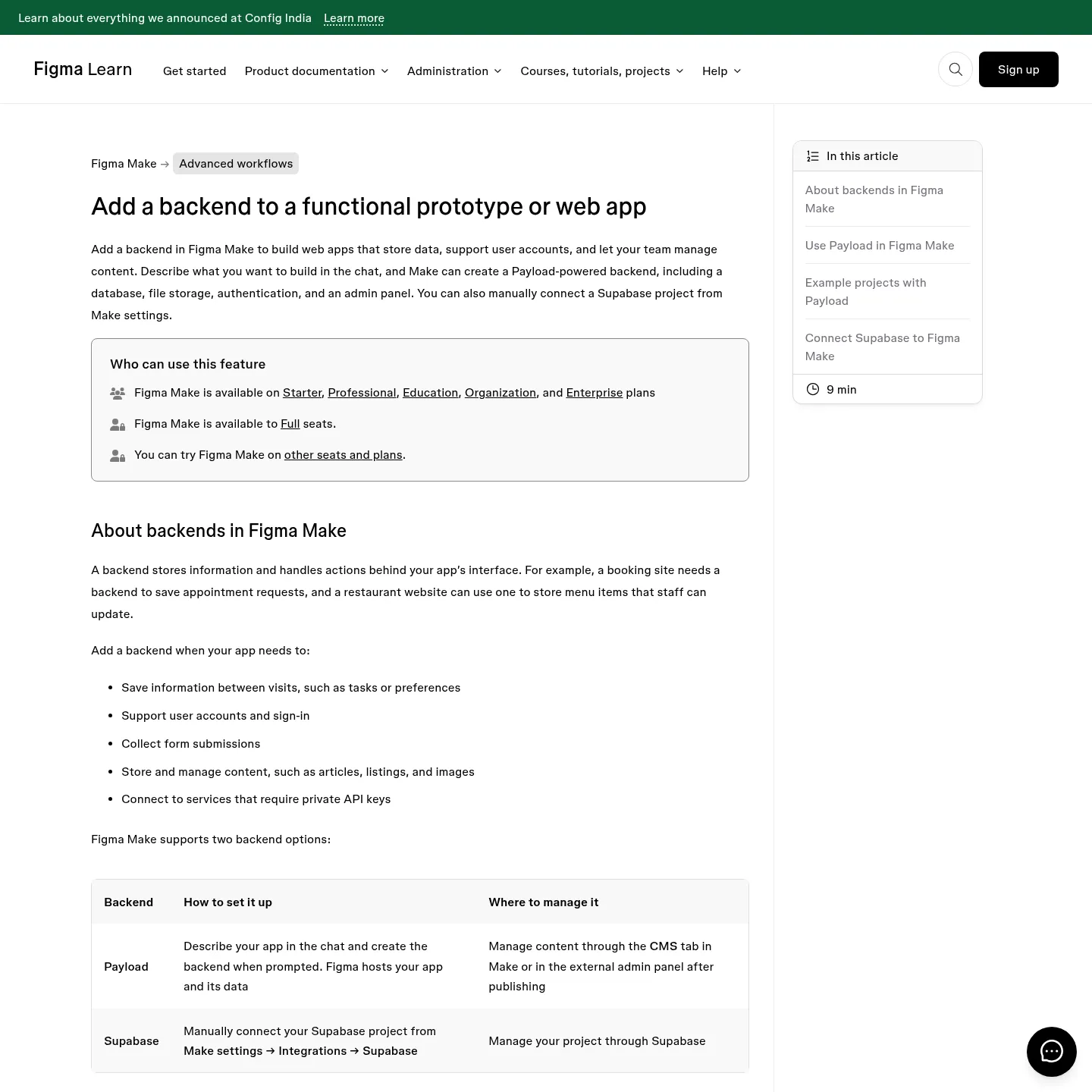 Figma's backend guide showing Payload creation and content management