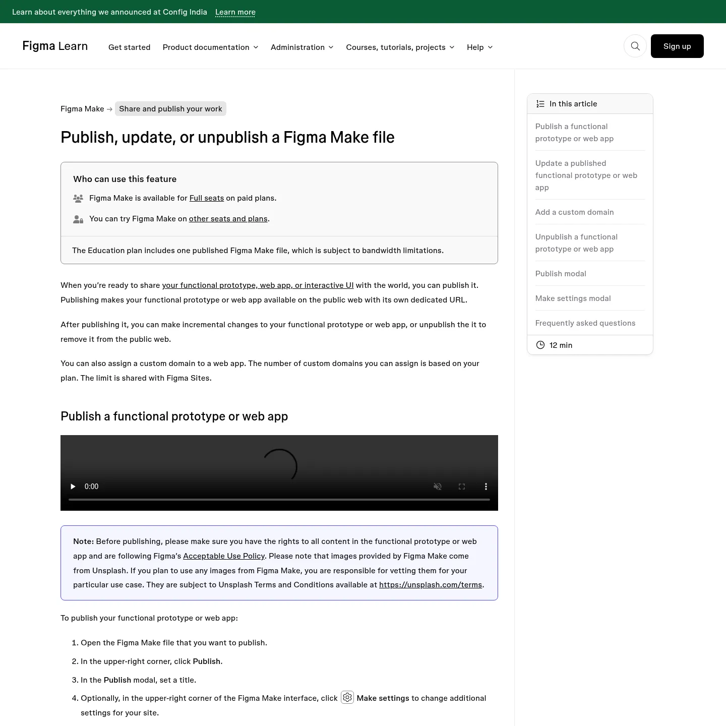 Figma Make publishing documentation with app settings and publishing controls