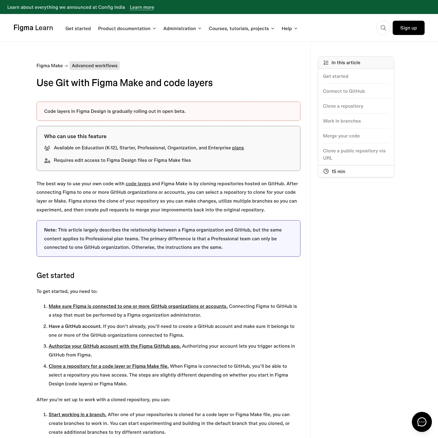 Figma documentation describing GitHub repository cloning, branches and pull requests