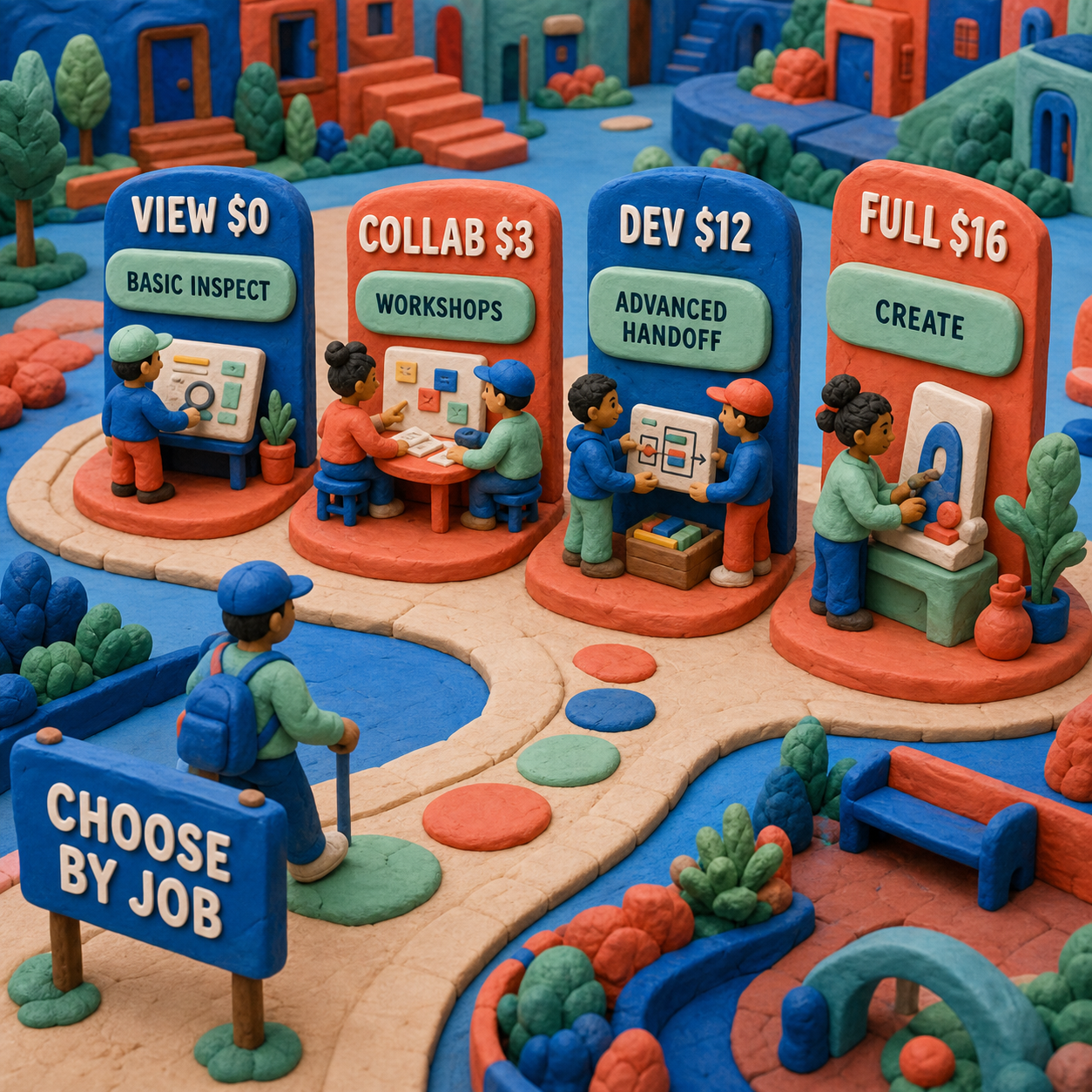 Decision route from free Figma View access to Collab, Dev, and Full Professional seats