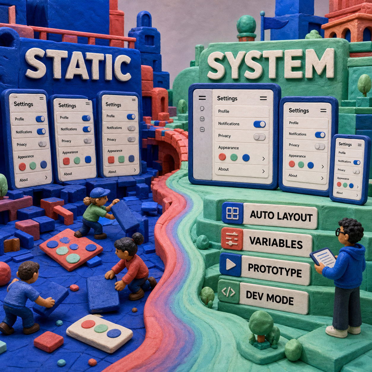 Before and after product-design workflow from static settings screens to a reusable Figma system