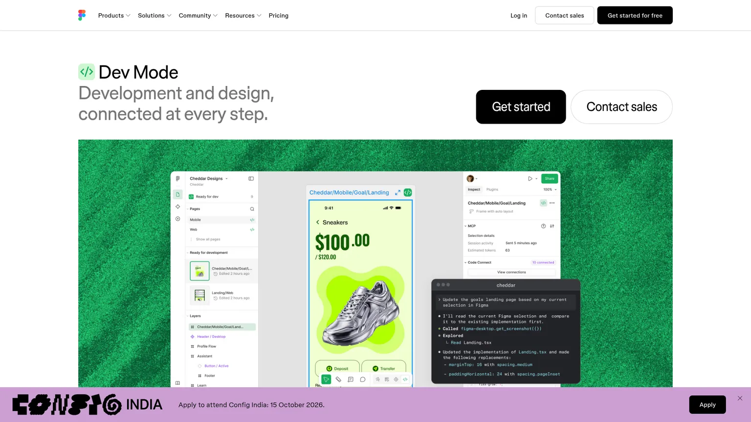 Pagina di Figma Dev Mode con contesto di design, ispezione del codice e handoff agli sviluppatori