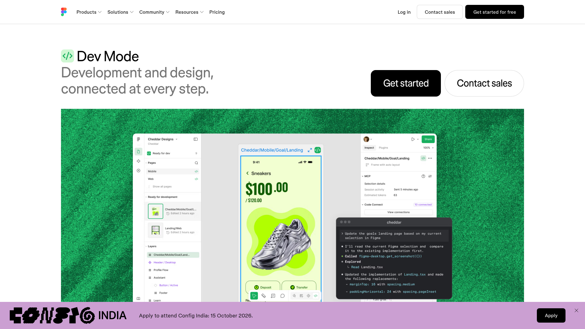 Figma Dev Mode page showing design context, code inspection, and developer handoff