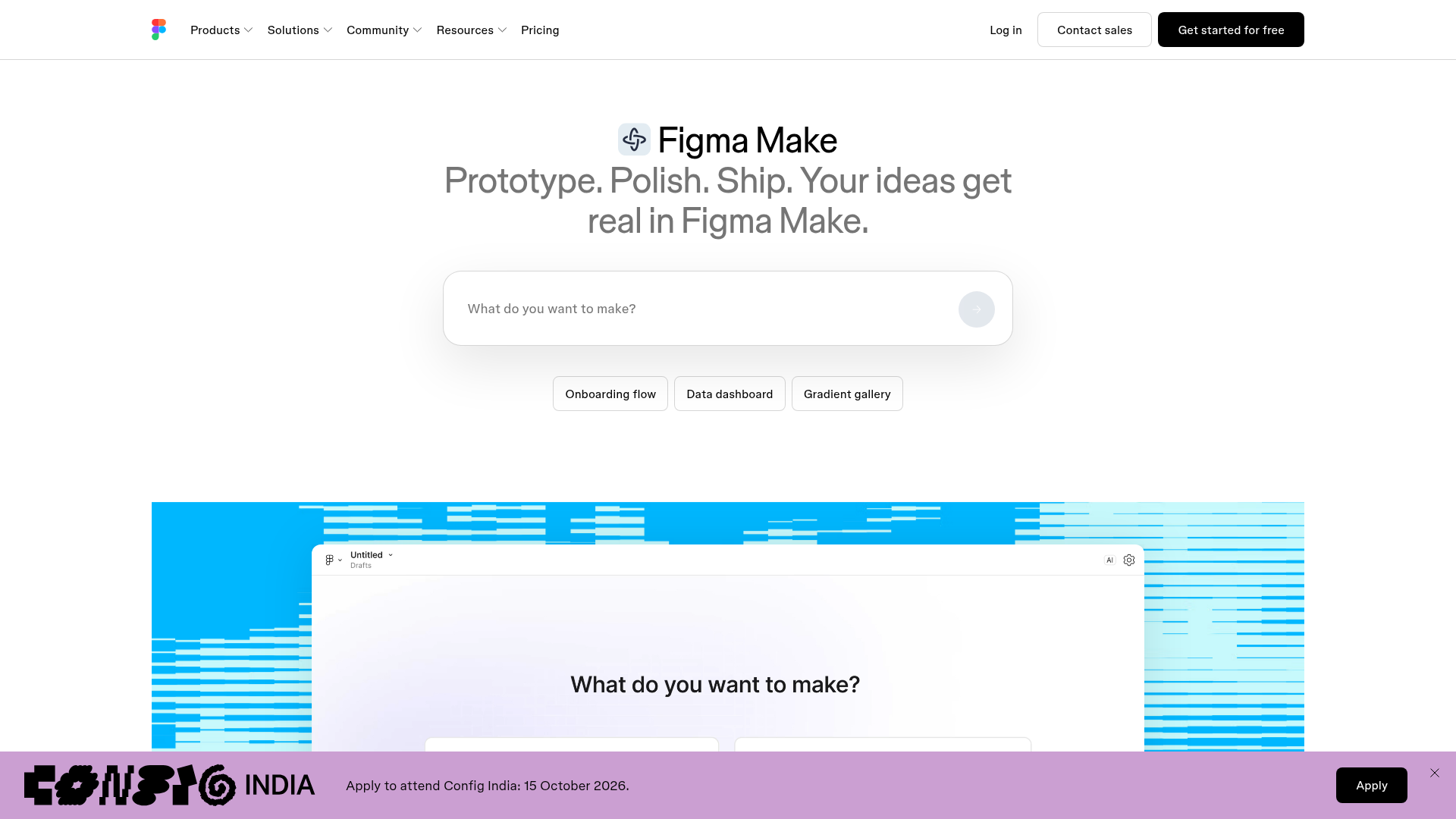 Figma Make page showing prompt-driven code-backed prototypes with design context