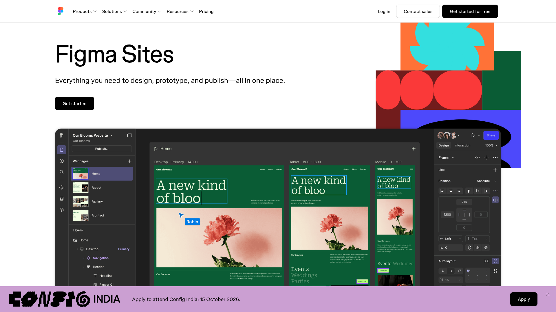 Figma Sites page showing responsive website design and publishing