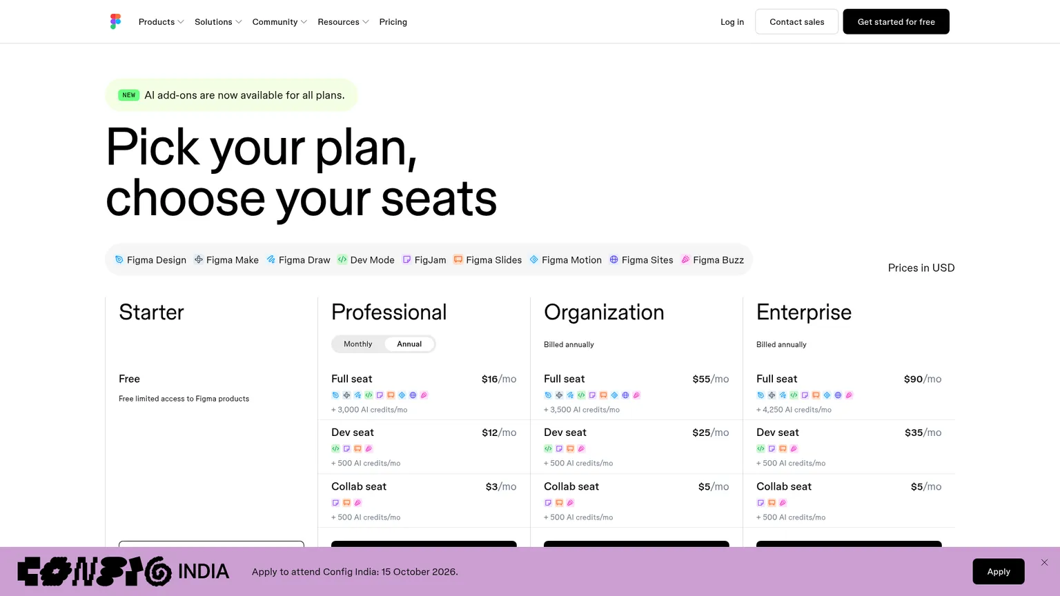 Pagina Prezzi di Figma con i costi delle postazioni Starter, Professional, Organization ed Enterprise