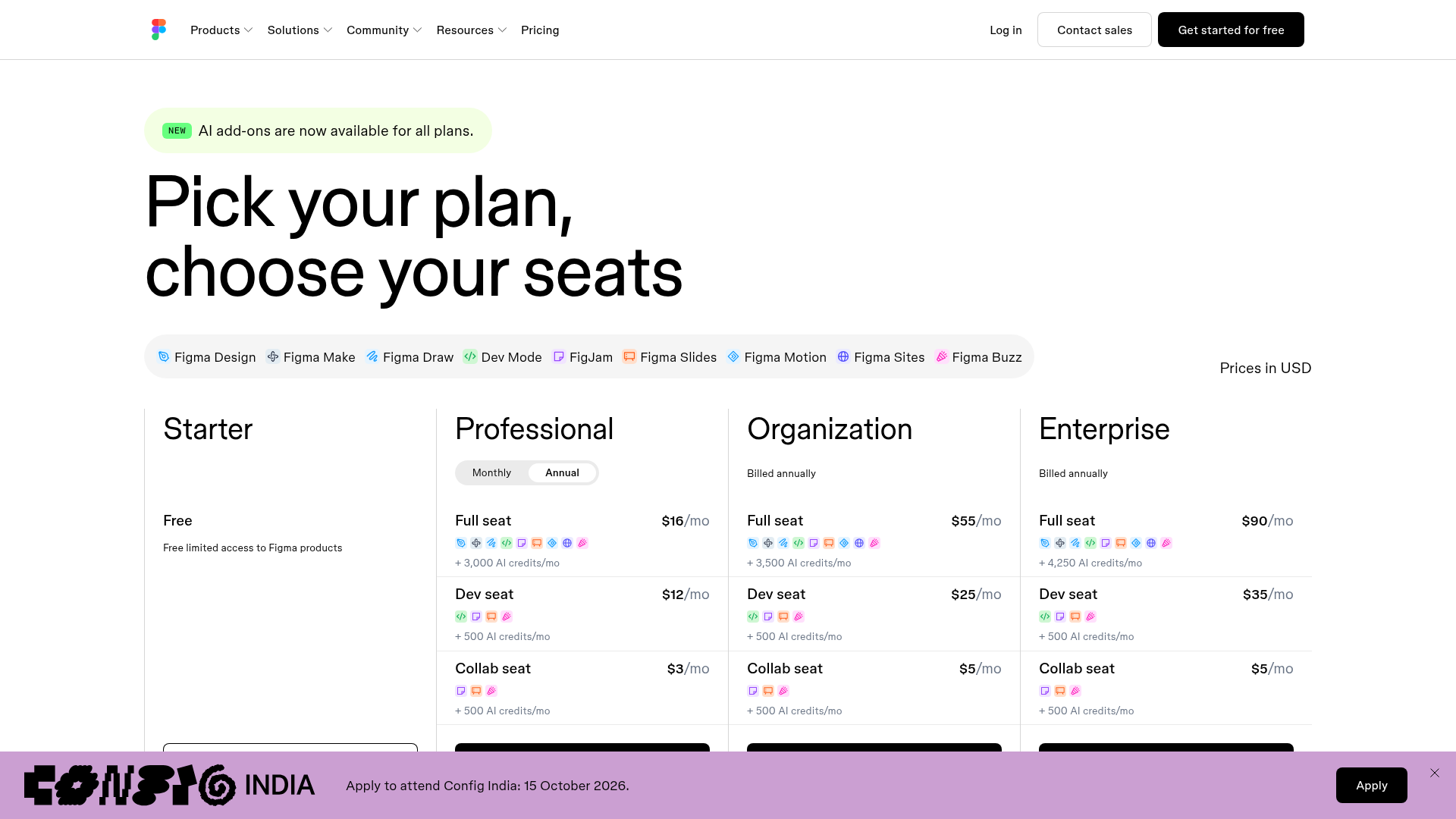 Figma live pricing page with Starter, Professional, Organization, and Enterprise seat prices