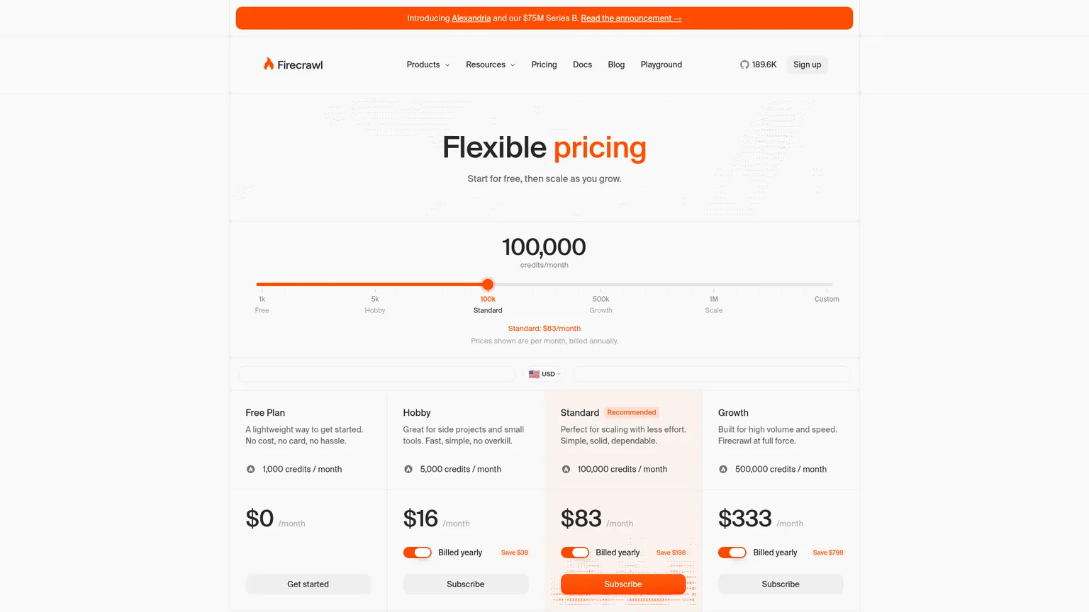 Firecrawl pricing page with subscription plans and credit allowances
