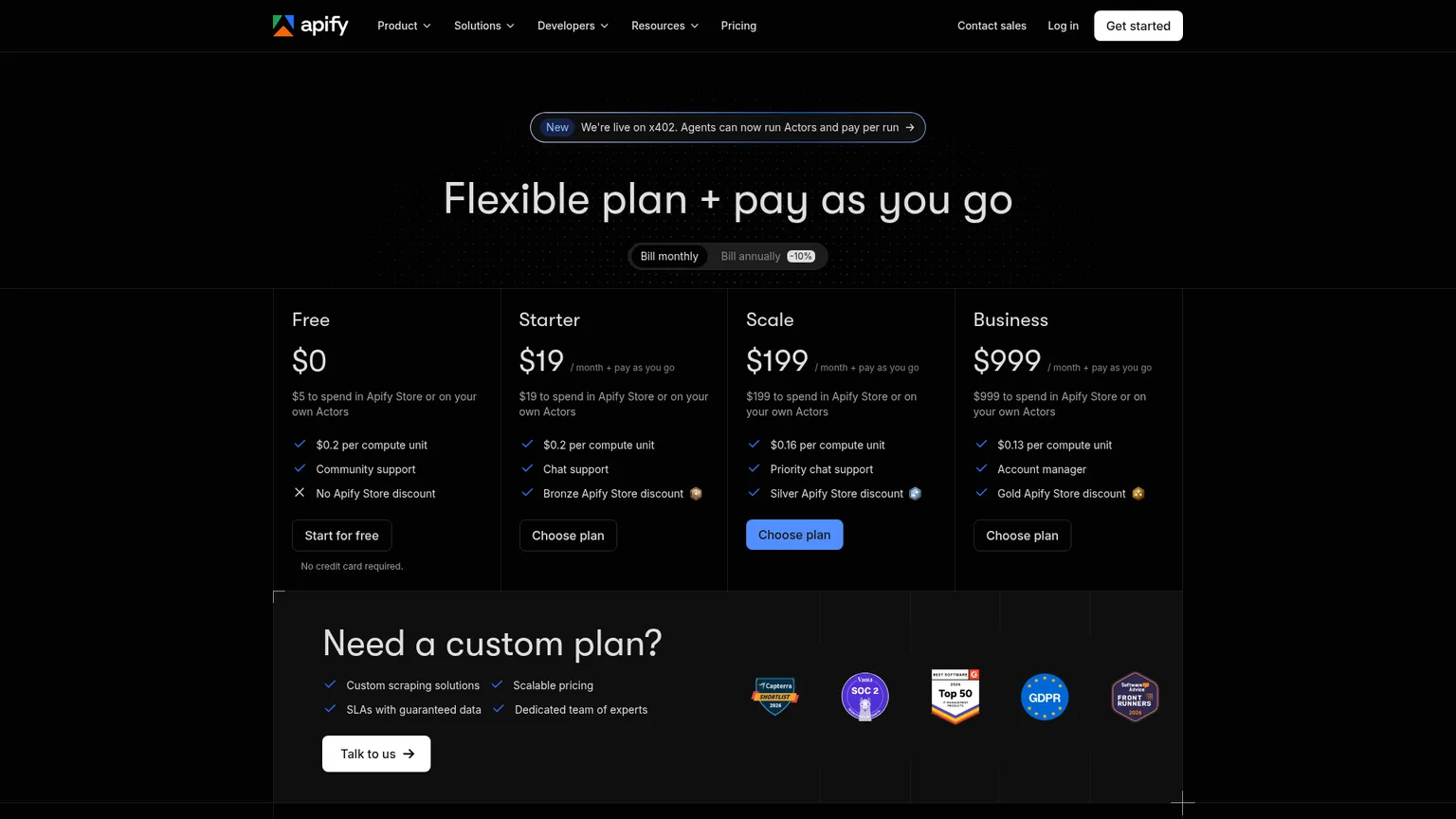 Apify pricing page describing platform usage and Actor billing
