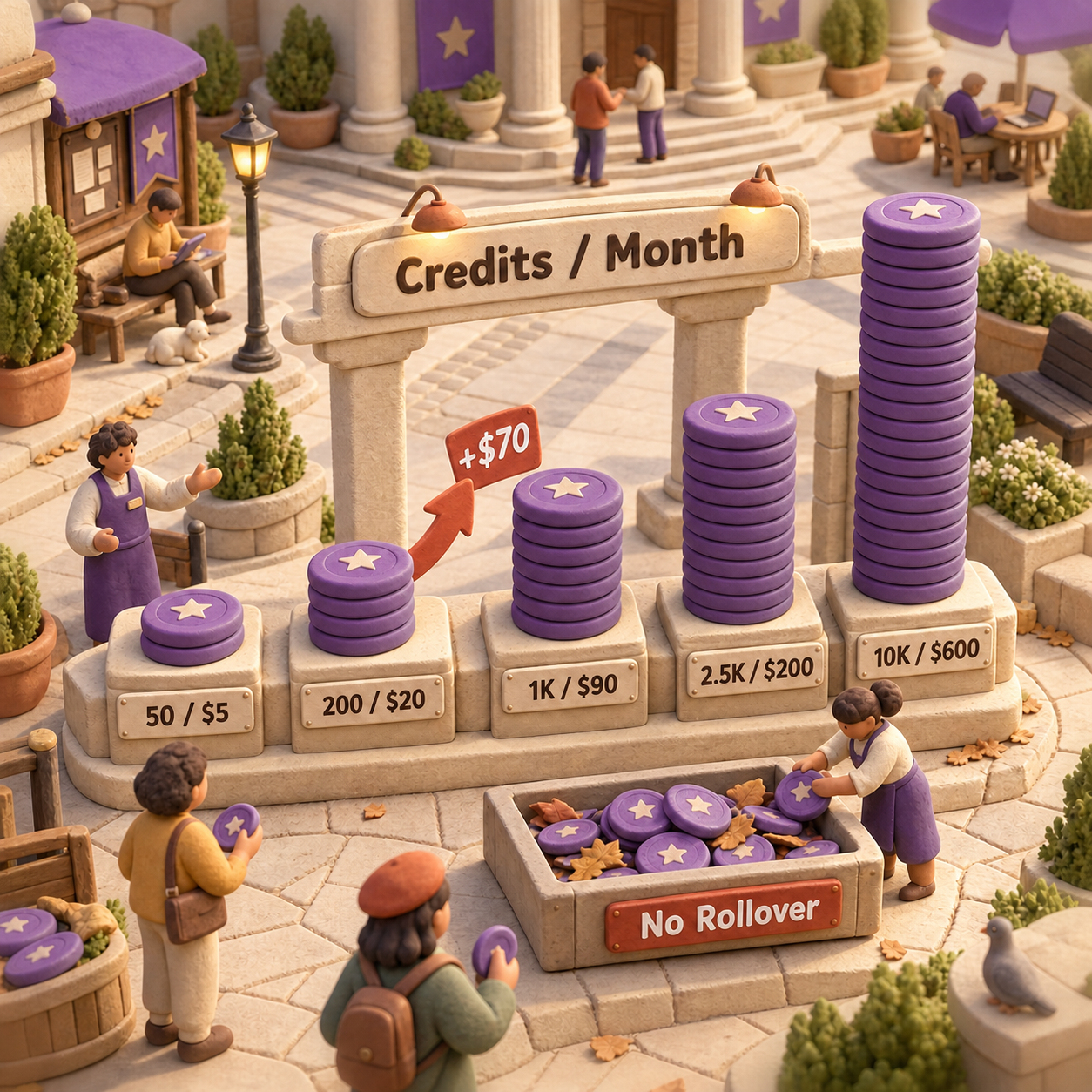 Fireflies AI credit add-on cost chart from 50 credits for $5 to 10,000 credits for $600