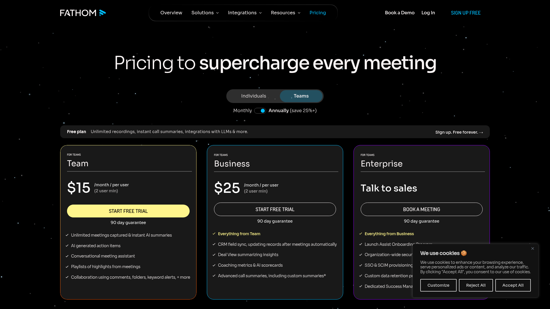 Fathom pricing page showing Free, Premium, Team, Business, and Enterprise plans