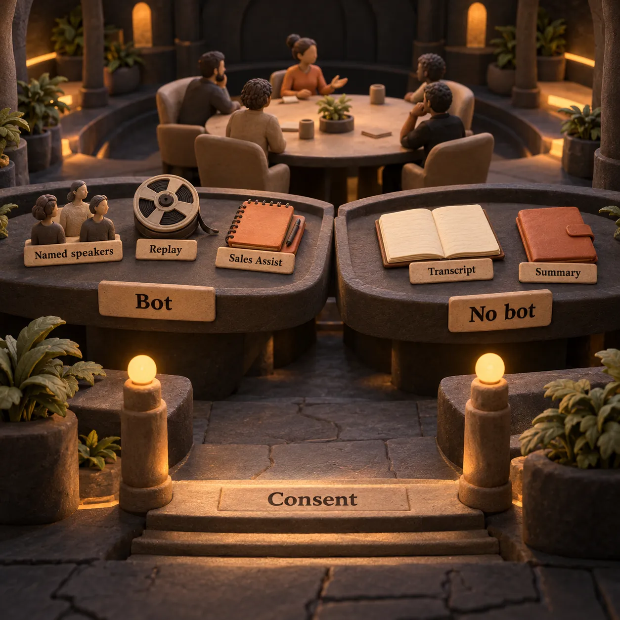 Fireflies capture comparison: a bot supports named speakers, replay and Sales Assist; no-bot desktop capture produces transcripts and summaries; both pass through a consent checkpoint