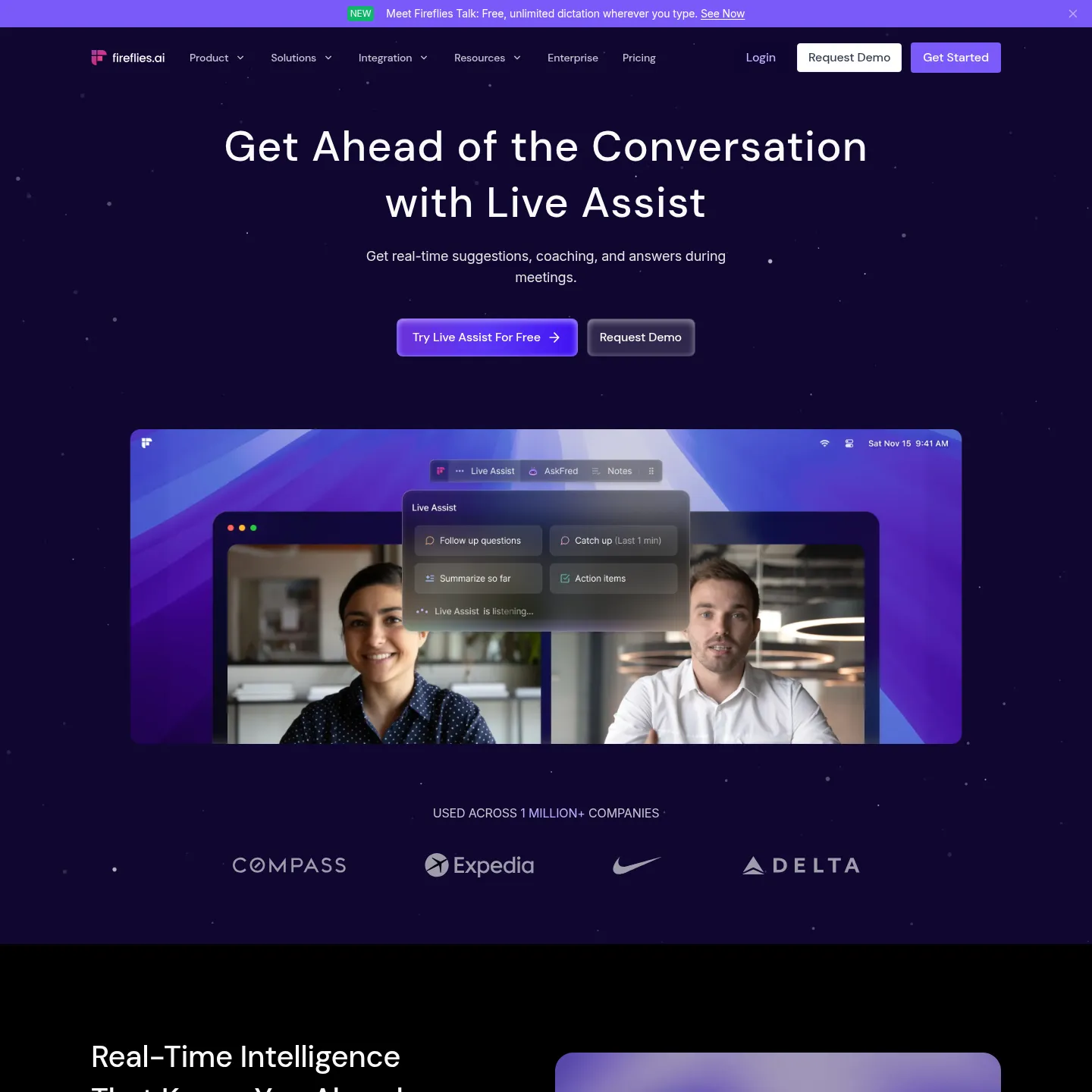Fireflies Live Assist product page showing its real-time meeting assistance features