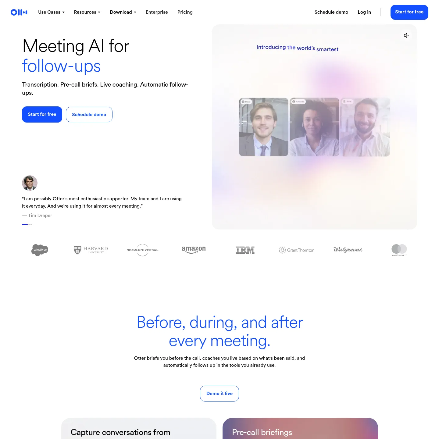 Otter product page showing meeting transcription, AI Chat and follow-up workflows