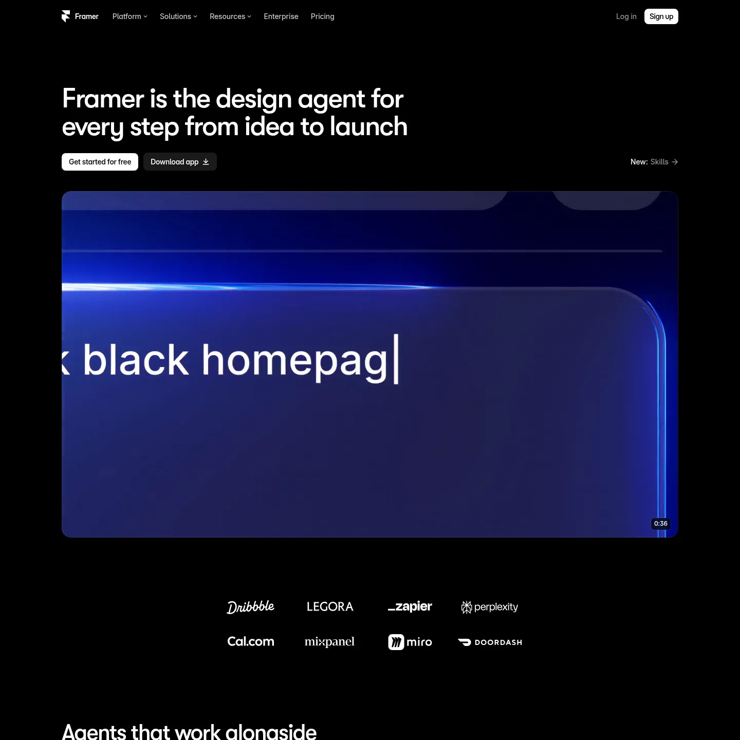 Framer public homepage showing its visual website and AI agent product