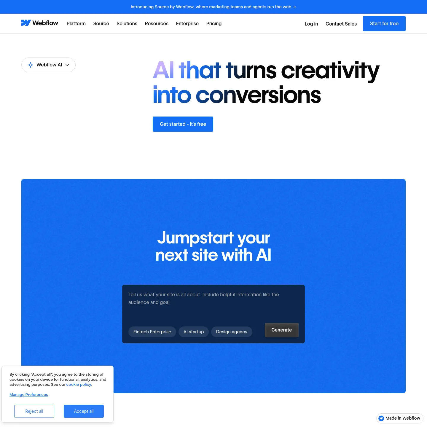 Webflow public AI feature page showing its site and content workflows