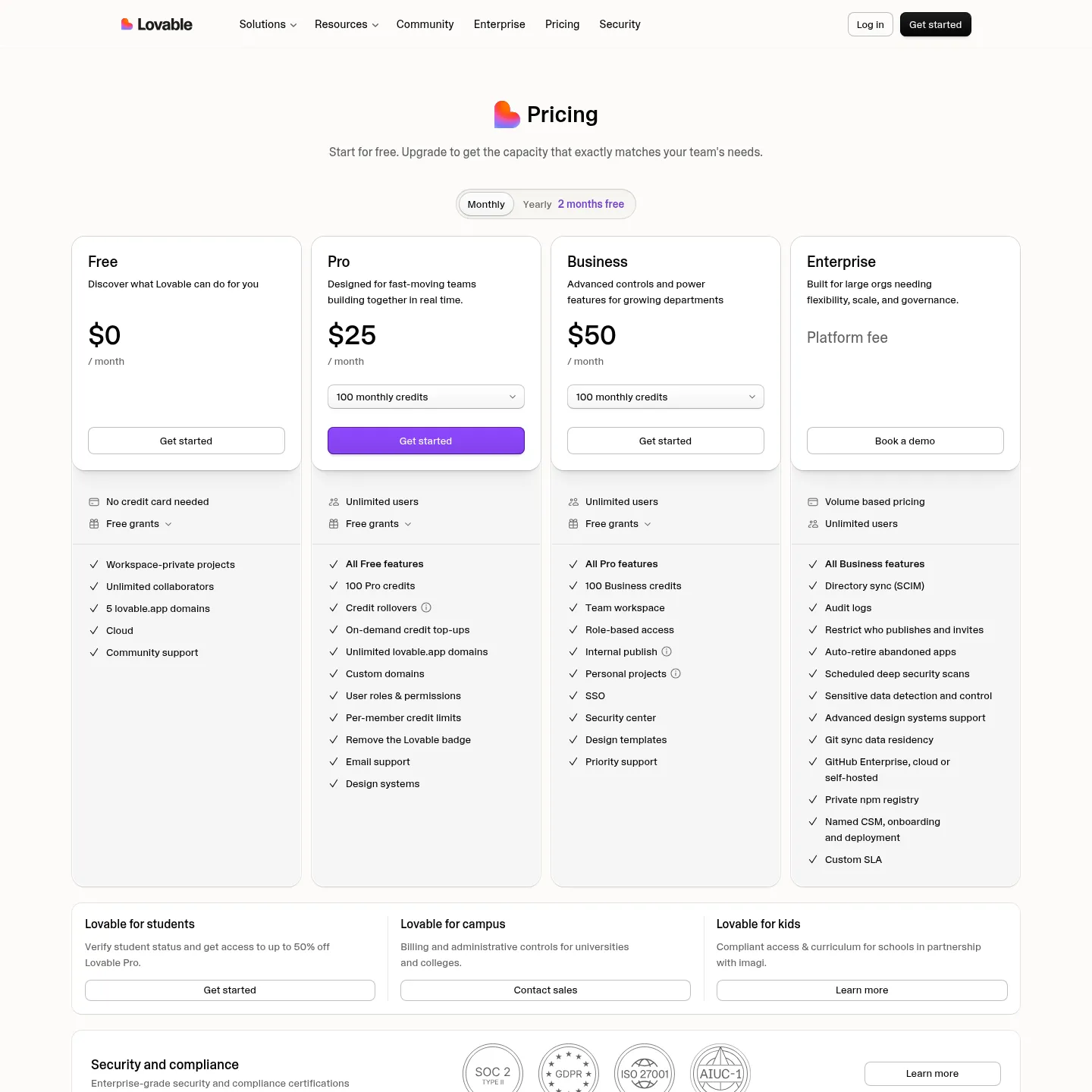 Lovable public pricing page showing application-building subscriptions and credits