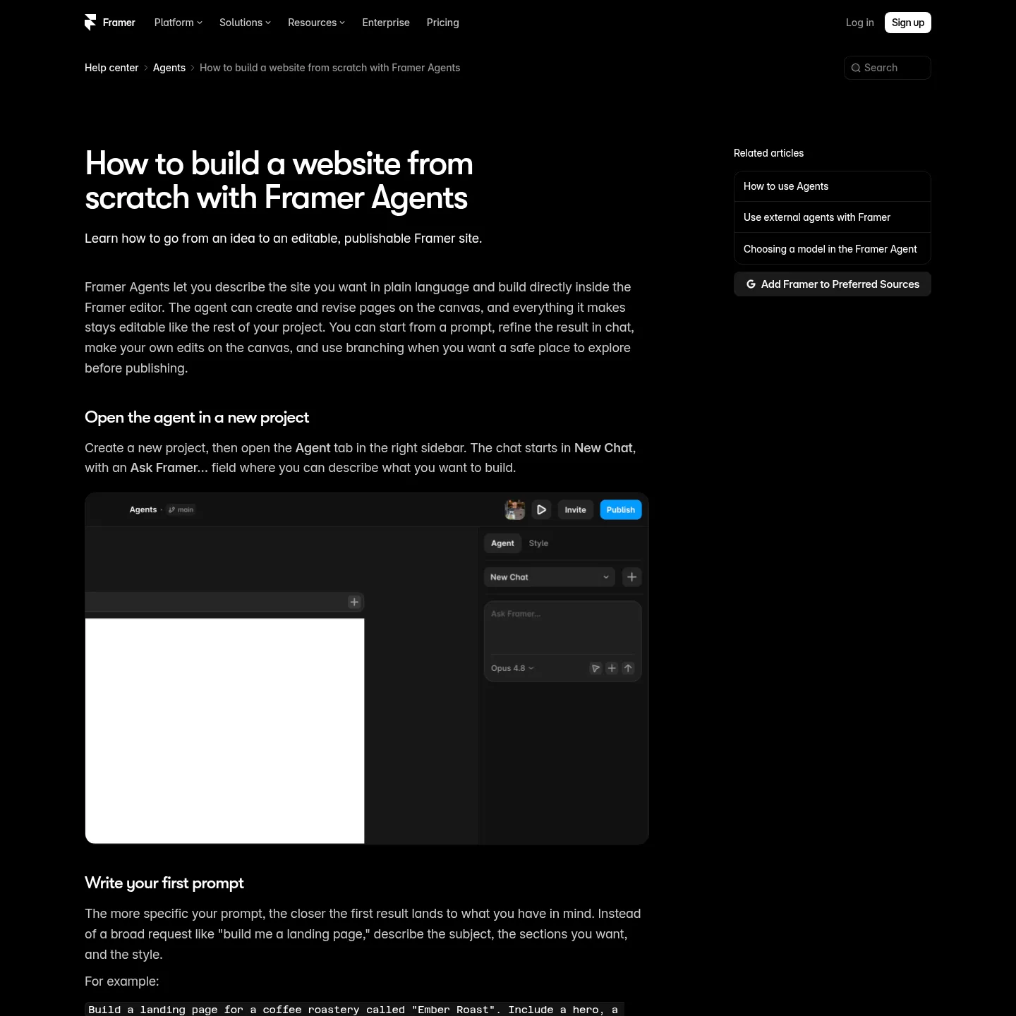 Framer help article showing the Agent sidebar and its public website-building example