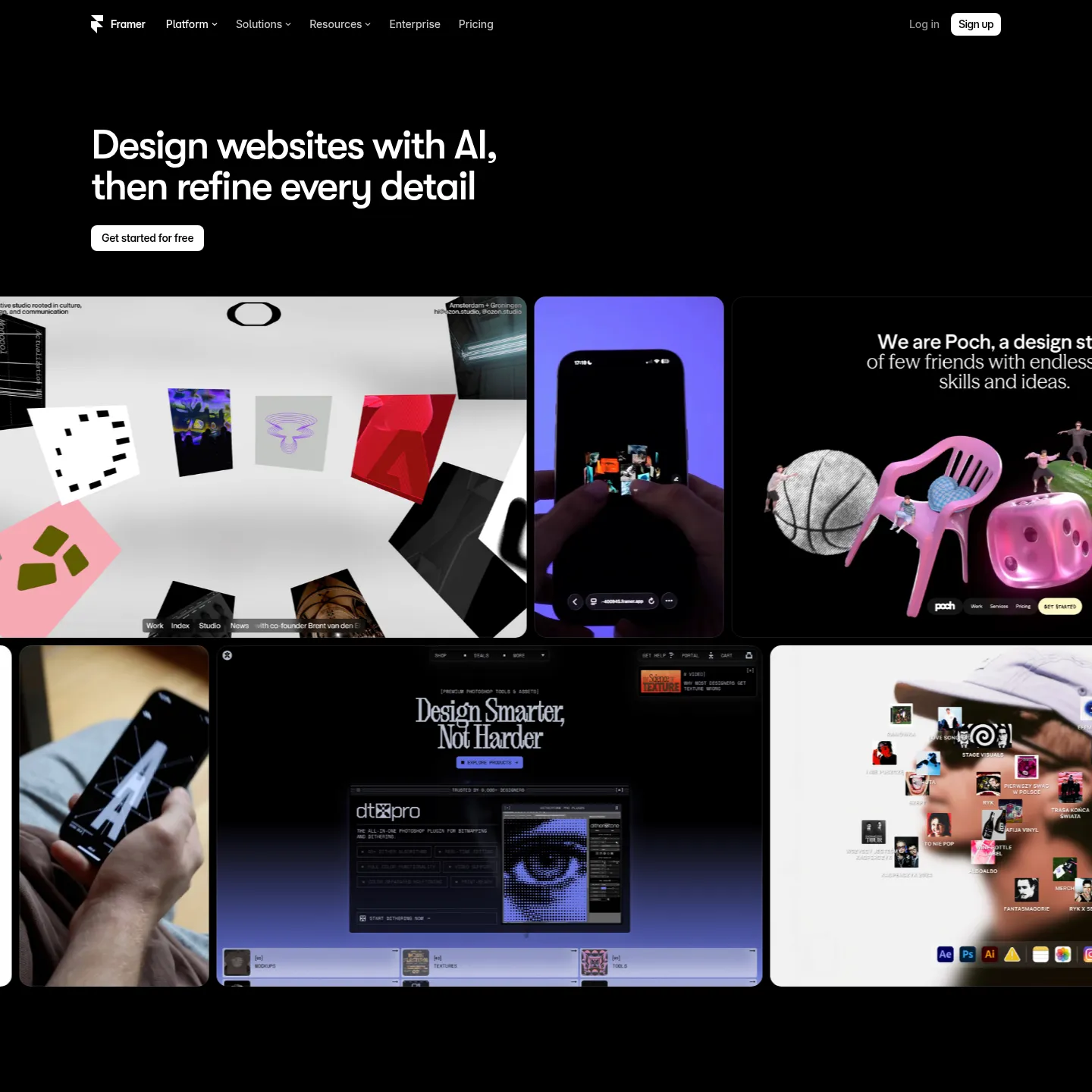 Framer public design page showing its responsive canvas and visual editing controls