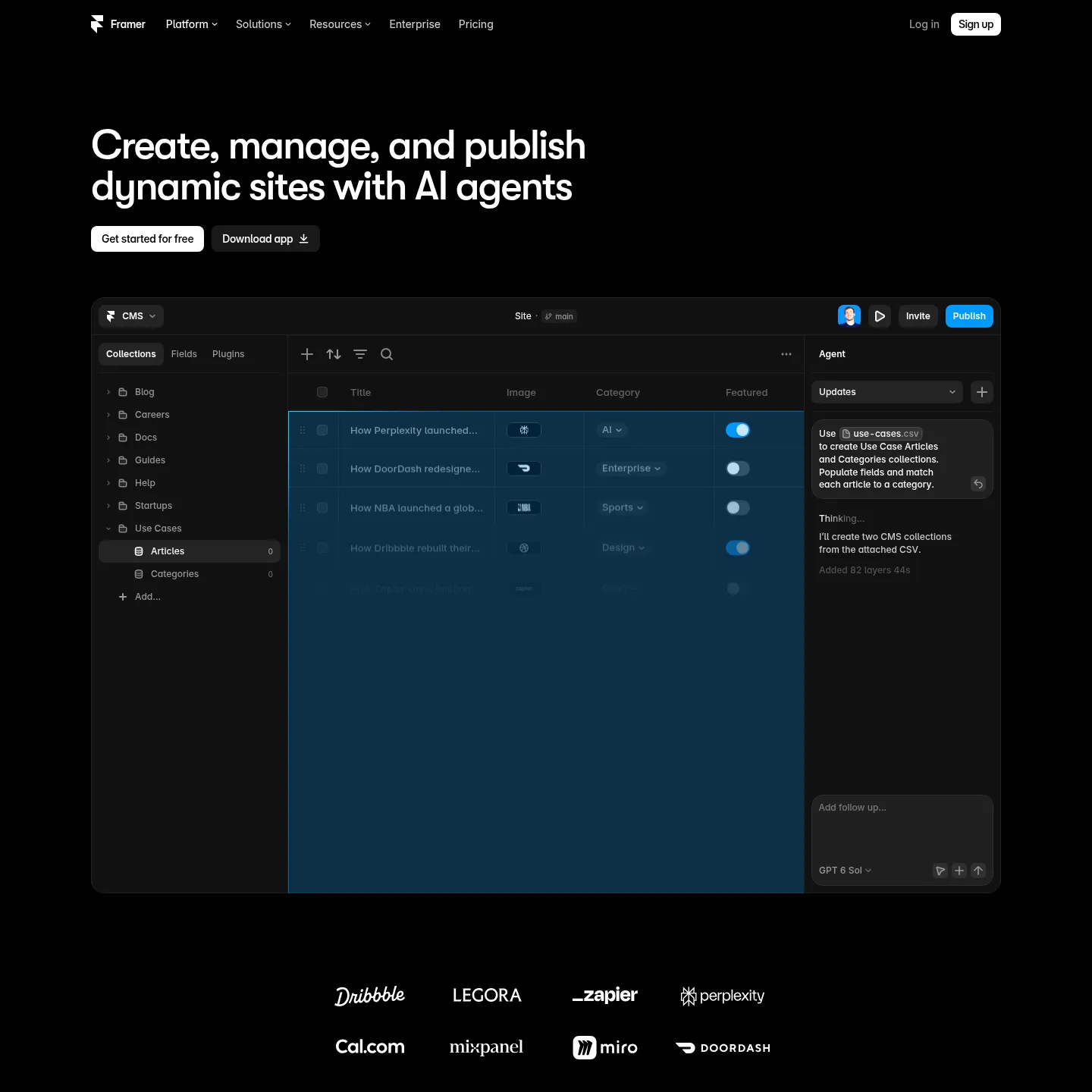 Framer public CMS page showing collections, structured content and agent assistance