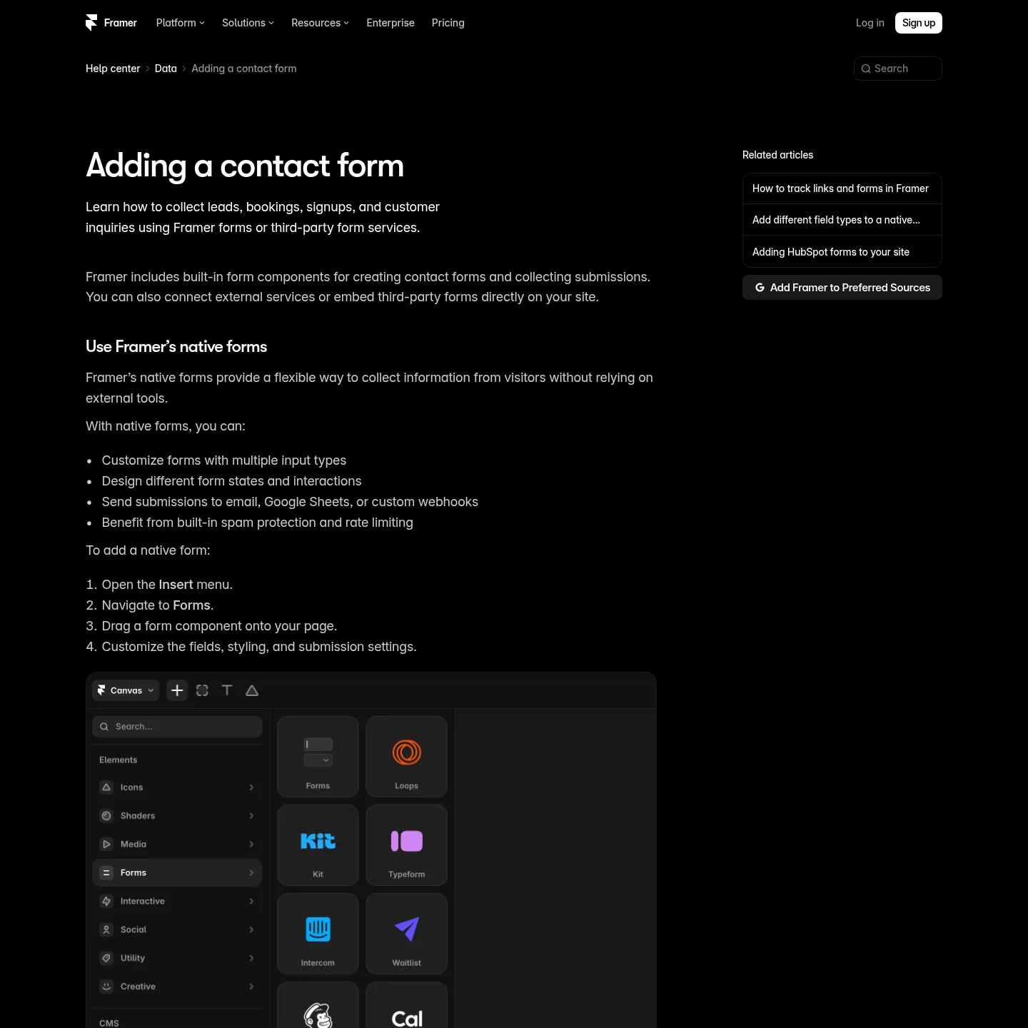 Framer help page showing the Forms options in the Insert panel