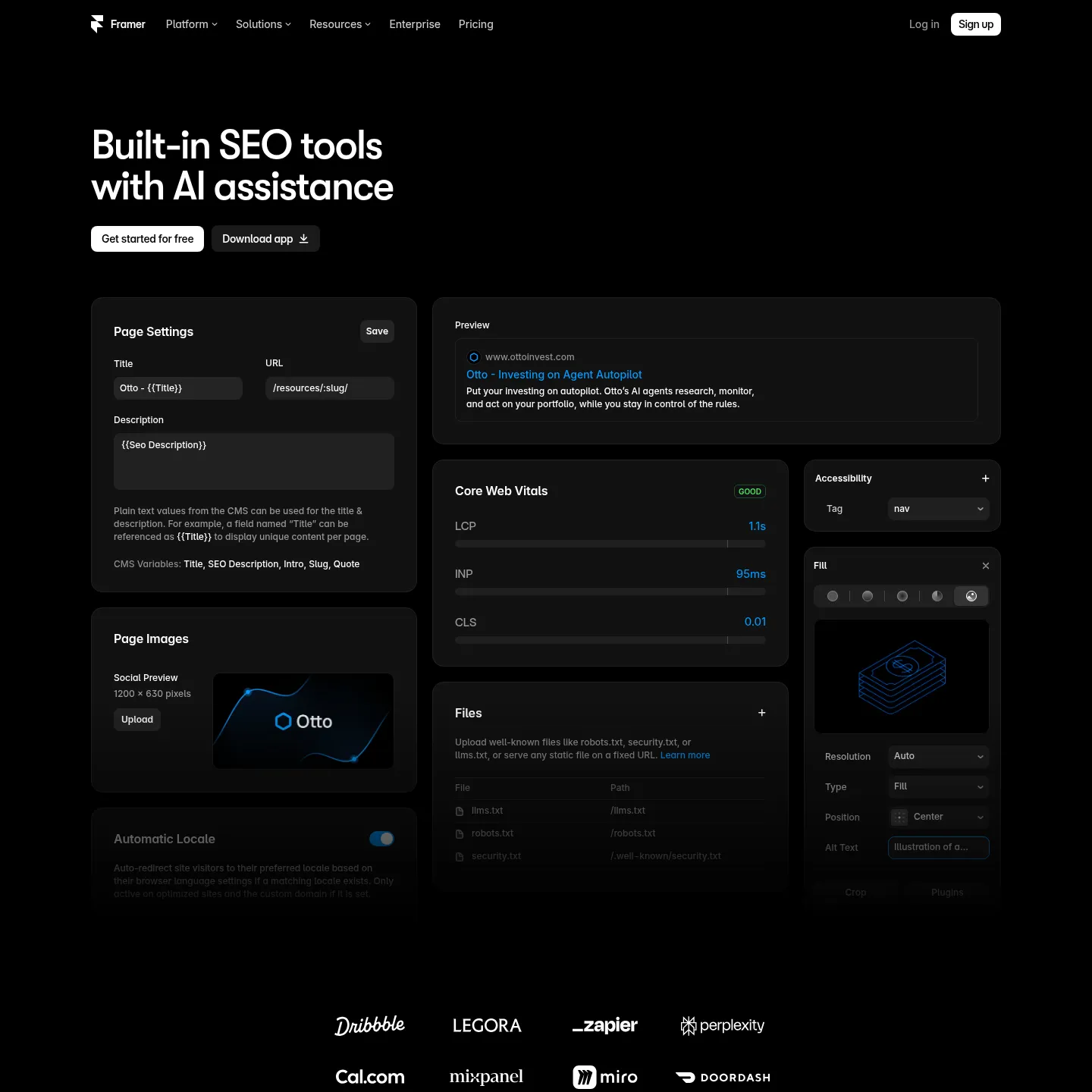 Framer public SEO page showing page settings, metadata and audit features
