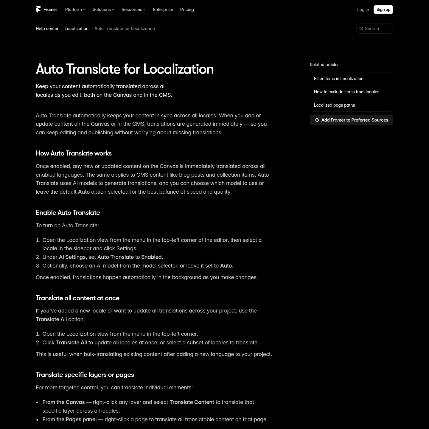 Framer public documentation for automatic translation and manual review