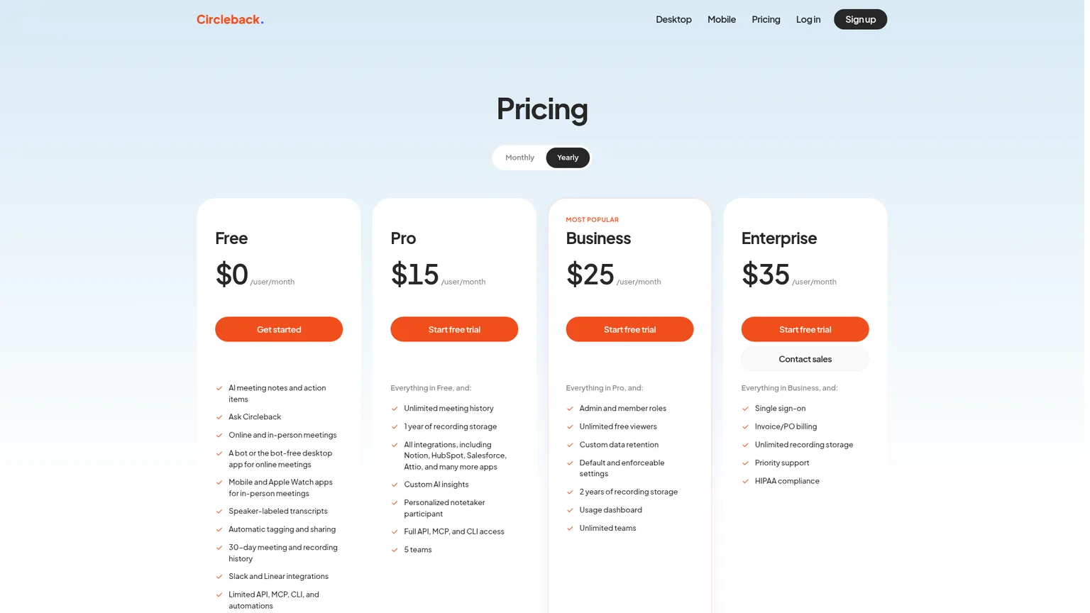Circleback-Preisseite mit den Tarifen Free, Pro, Business und Enterprise