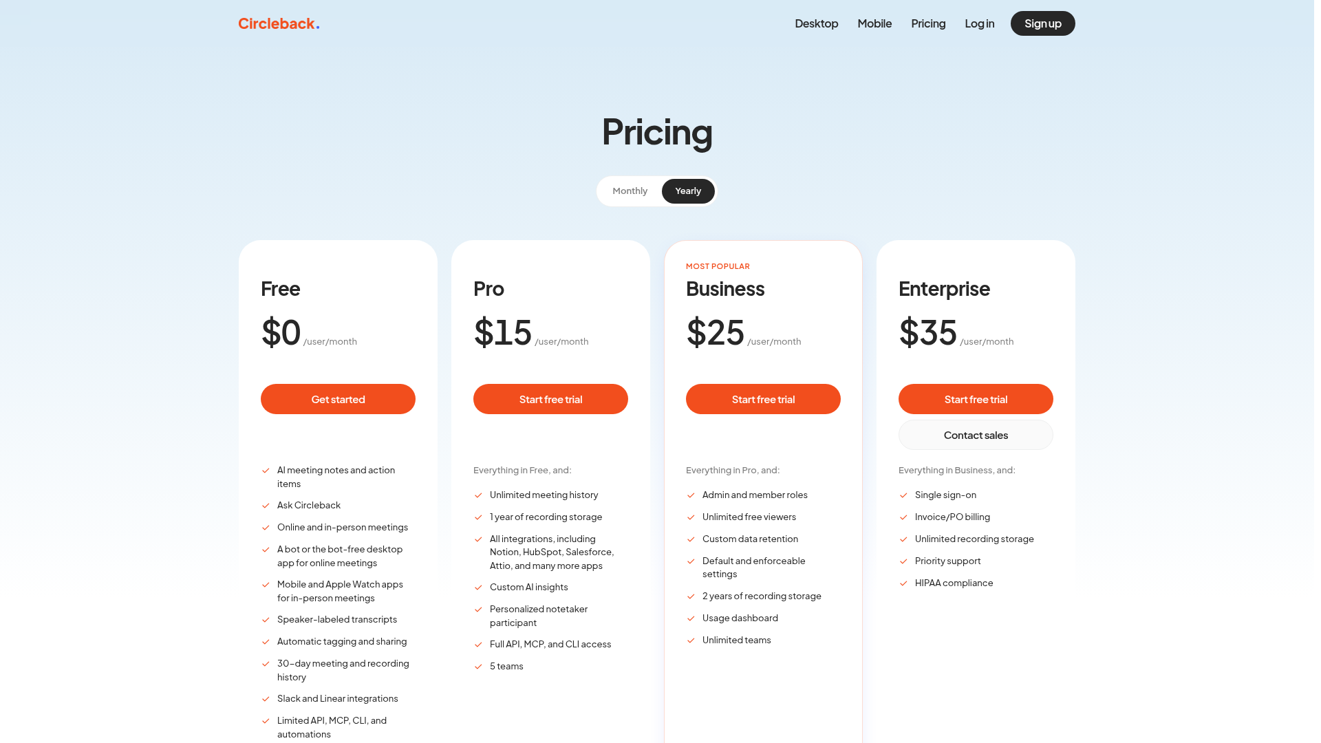 Circleback pricing page showing Free, Pro, Business, and Enterprise plans