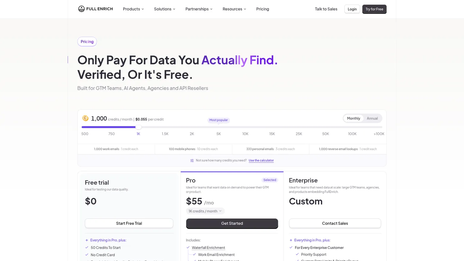 Página de precios activa de FullEnrich con los tramos de créditos y las funciones de enriquecimiento incluidas