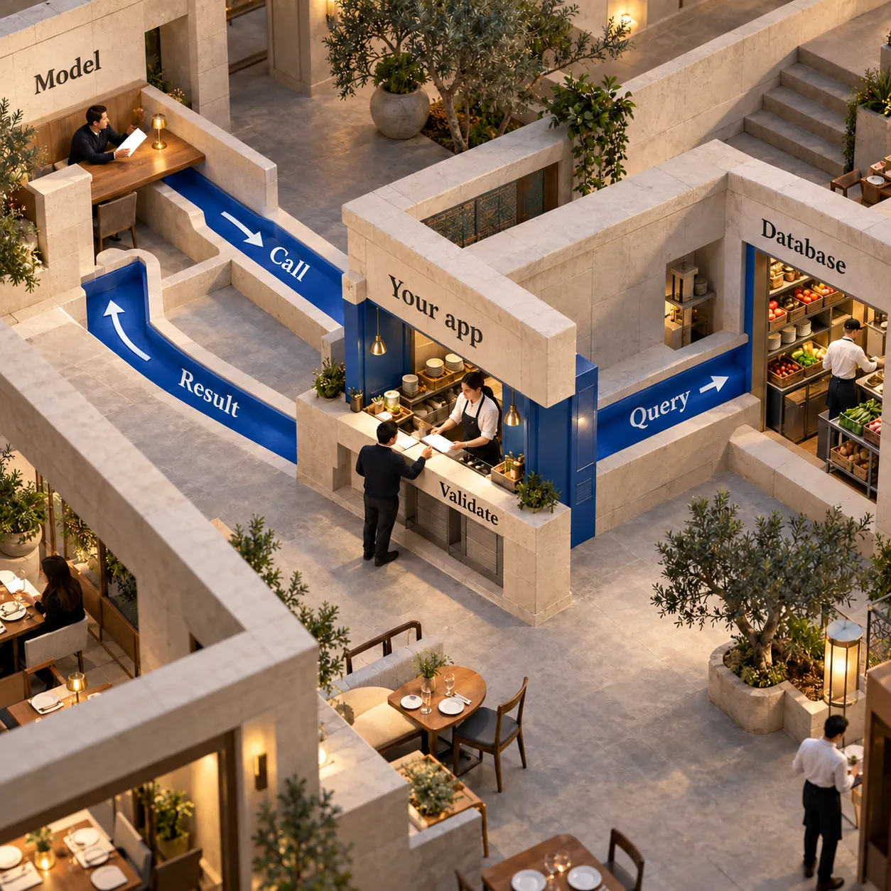 مجسّم معماري يوضح انتقال استدعاء أداة إلى التحقق داخل التطبيق، ثم الاستعلام من قاعدة البيانات، وعودة النتيجة إلى النموذج