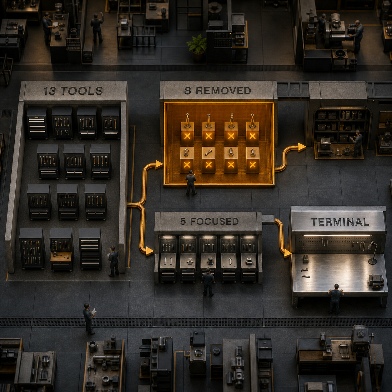 Model-shop infographic showing fx reducing 13 filesystem tools to five focused tools and one terminal route