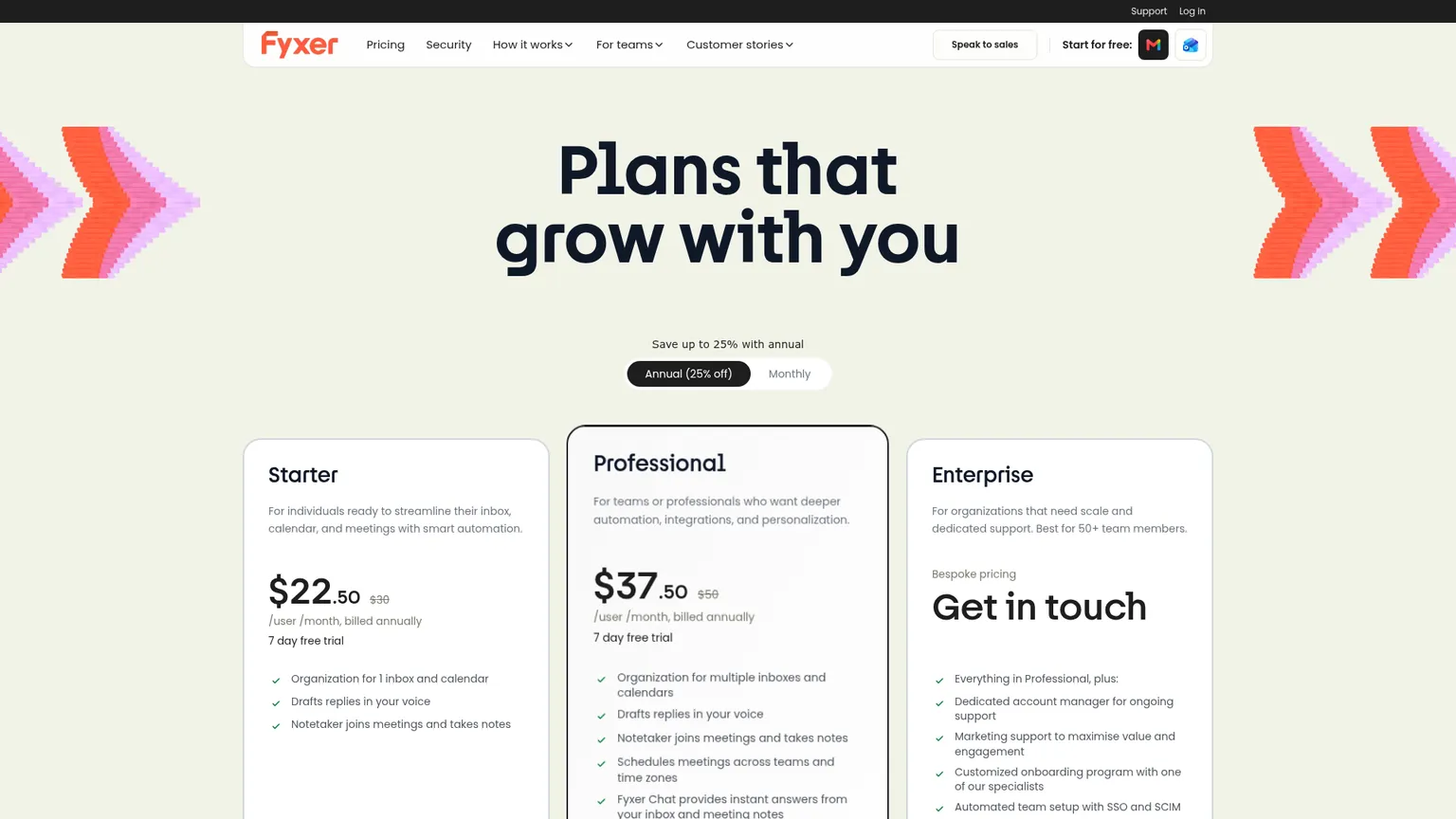صفحة أسعار Fyxer وتعرض خطط Starter وProfessional وEnterprise