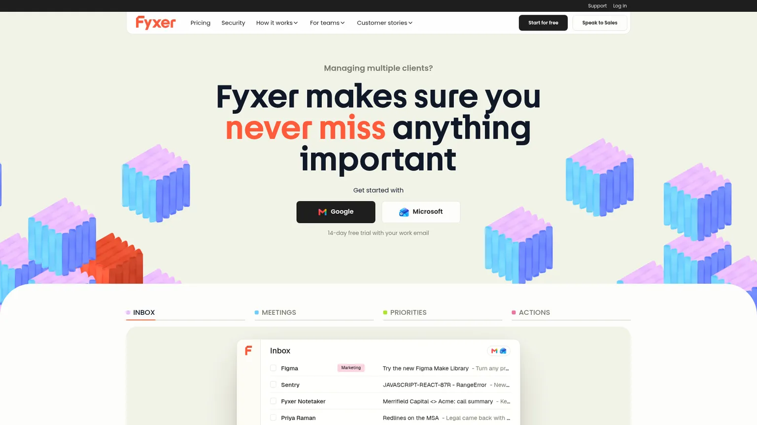 Öffentliche Fyxer-Startseite mit dem E-Mail- und Meeting-Assistenten