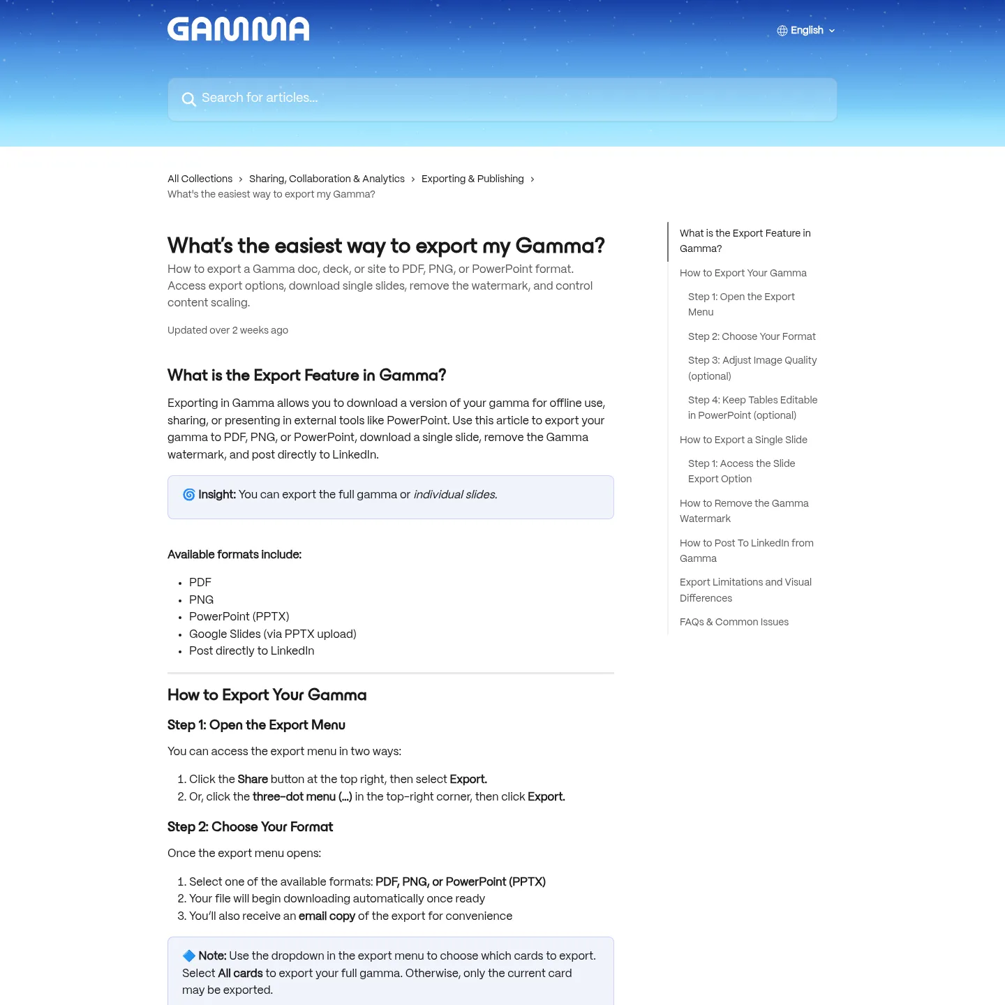 Gamma export documentation covering PPTX, Google Slides, editable tables and export limitations