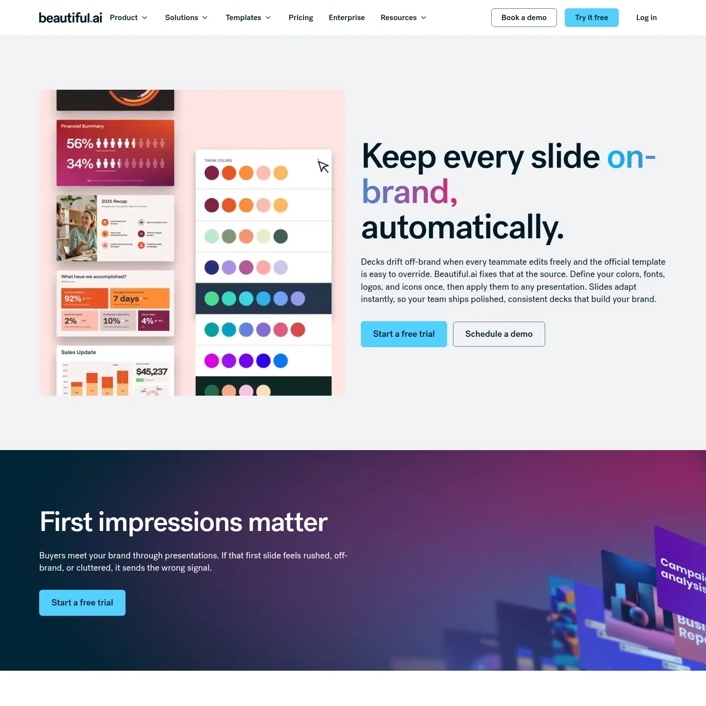 Beautiful.ai brand controls page showing brand kits and reusable slide controls