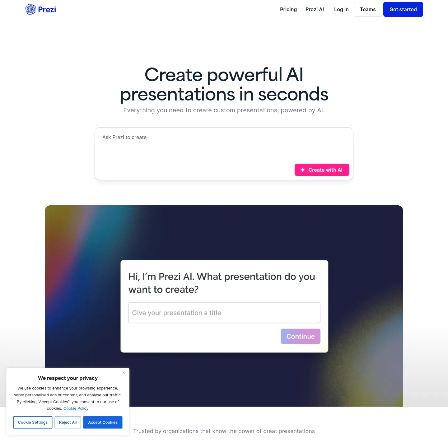 Prezi product page showing its open presentation canvas
