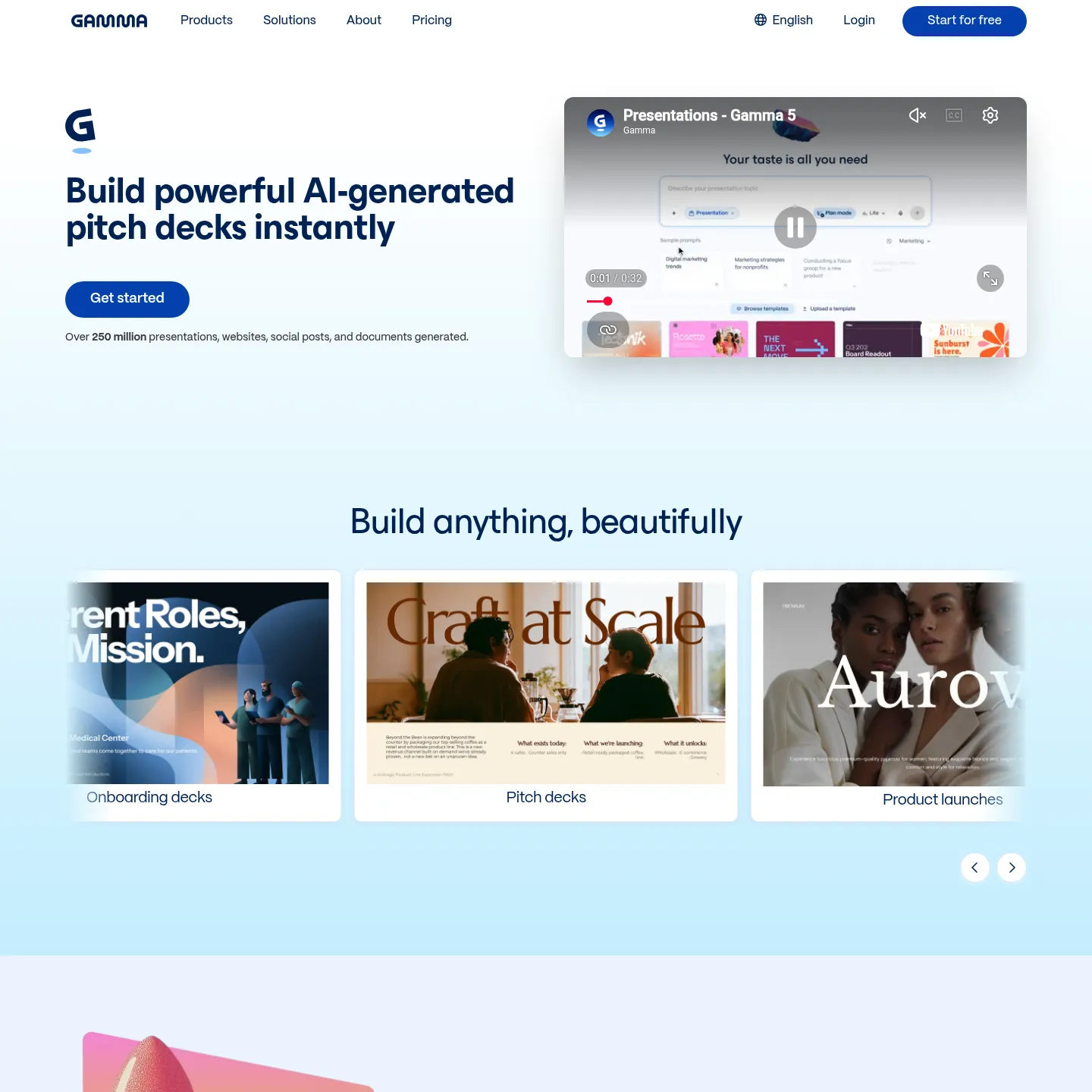 Gamma presentations page with examples of pitch decks, proposals and onboarding presentations