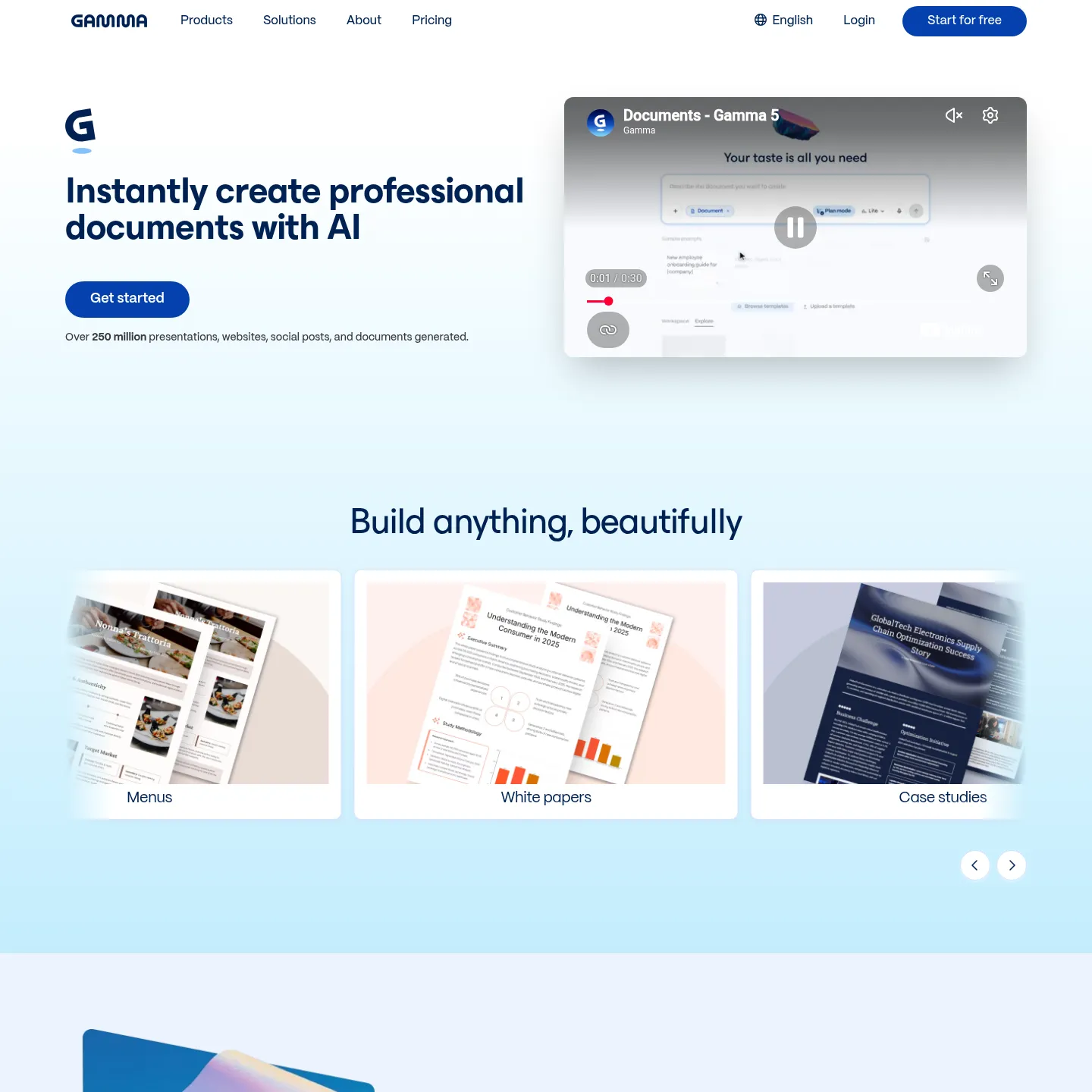 Gamma documents page showing visual reports, case studies and proposal workflows