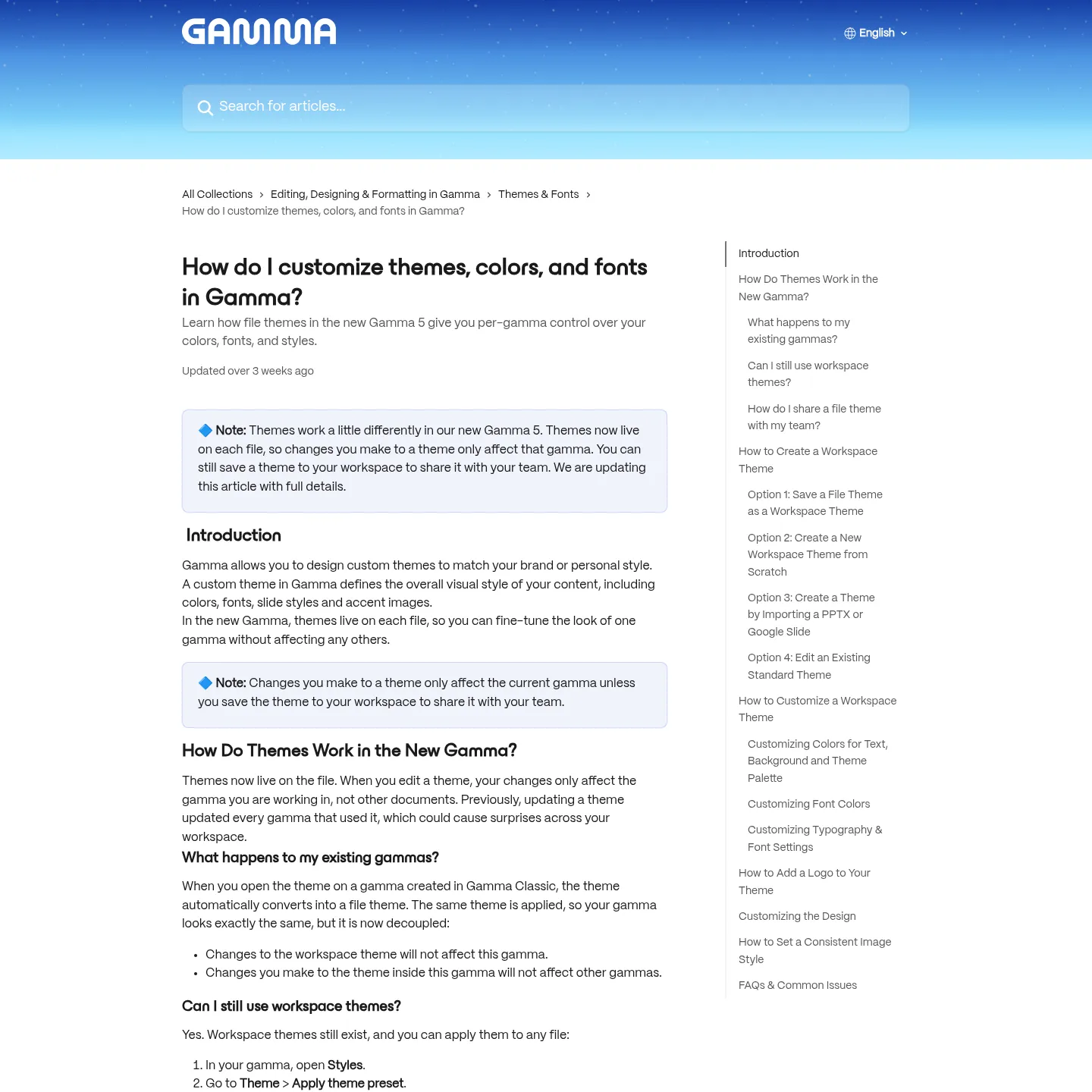 Gamma's theme documentation explaining file themes, font controls and theme import