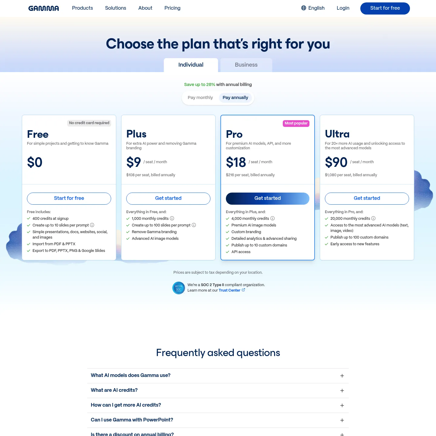 Gamma pricing page showing the current individual plans and annual billing selection