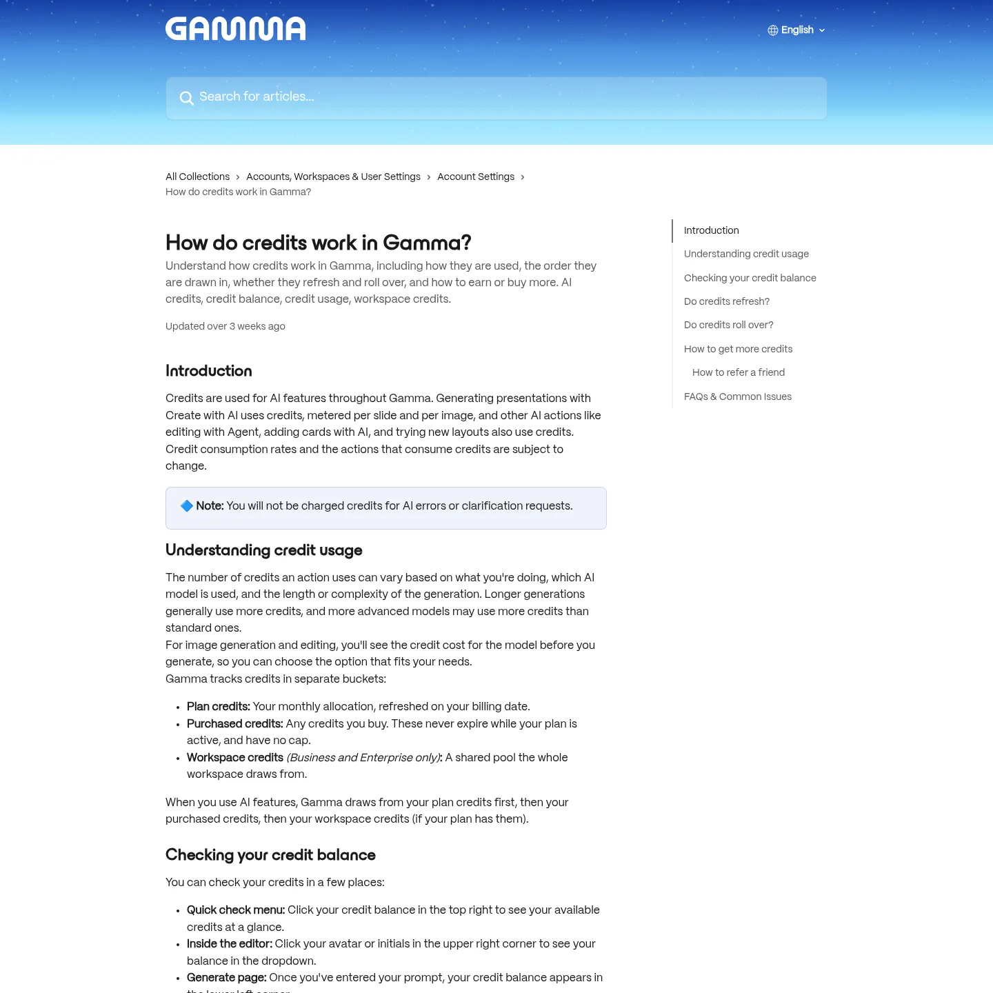 Gamma credit guide describing usage, monthly refresh, rollover and separate credit balances