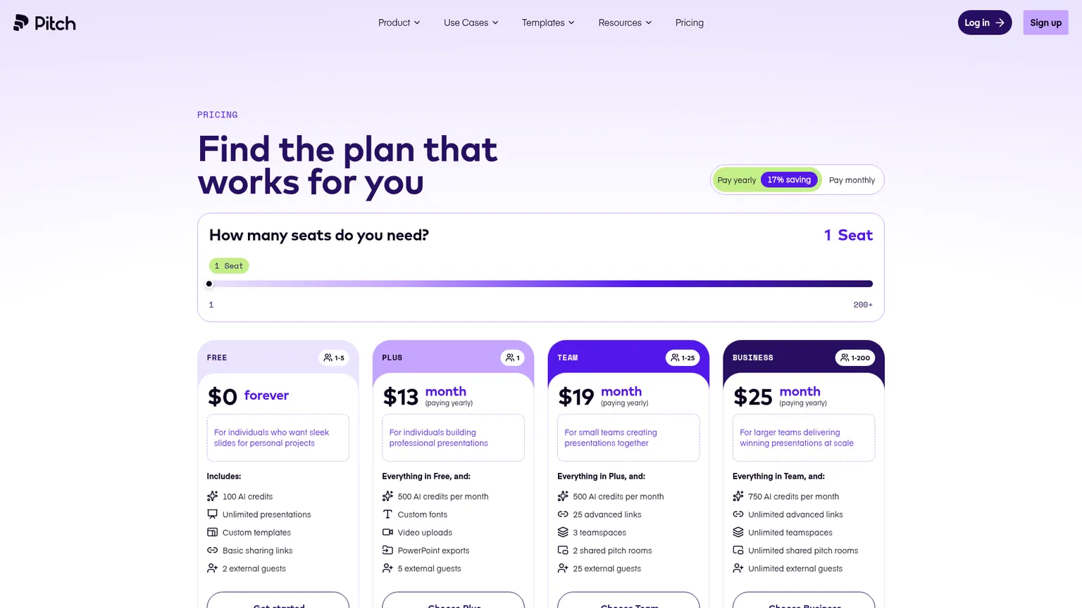 صفحة أسعار Pitch تعرض خيارات Free وPlus وTeam وBusiness وEnterprise