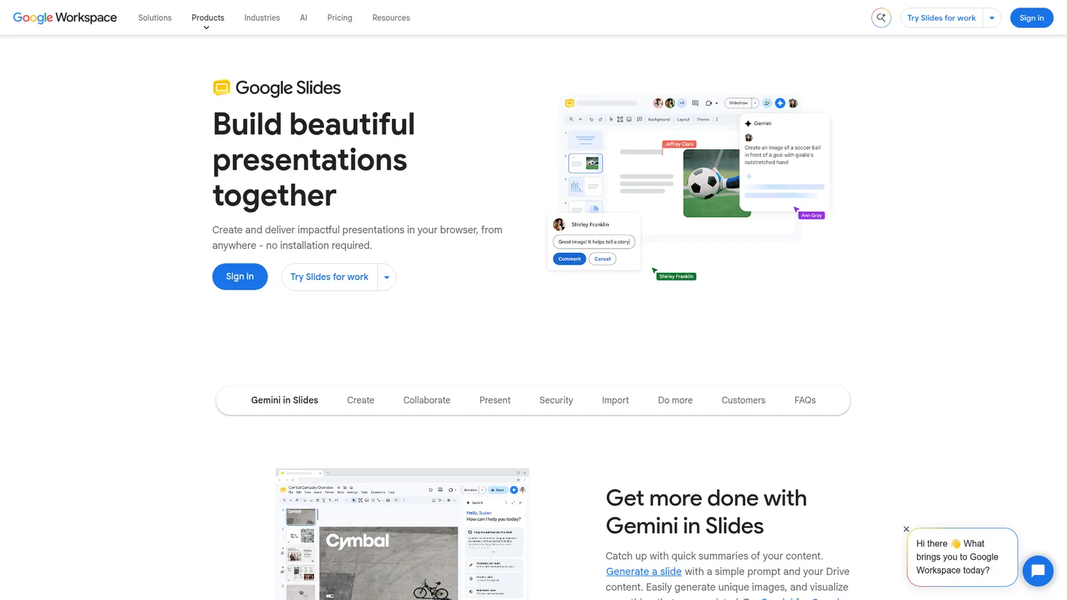صفحة منتج Google Slides تشرح Gemini والقوالب والتحرير التعاوني