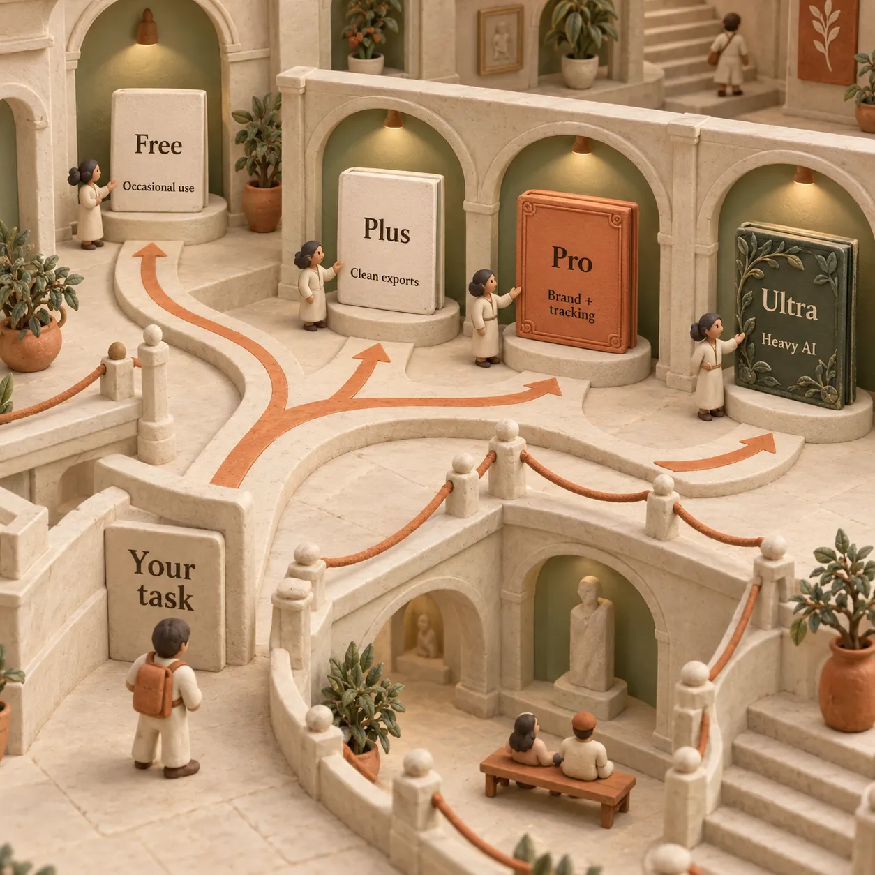 A clay gallery decision path connecting occasional use to Free, clean exports to Plus, brand and tracking to Pro, and heavy AI use to Ultra